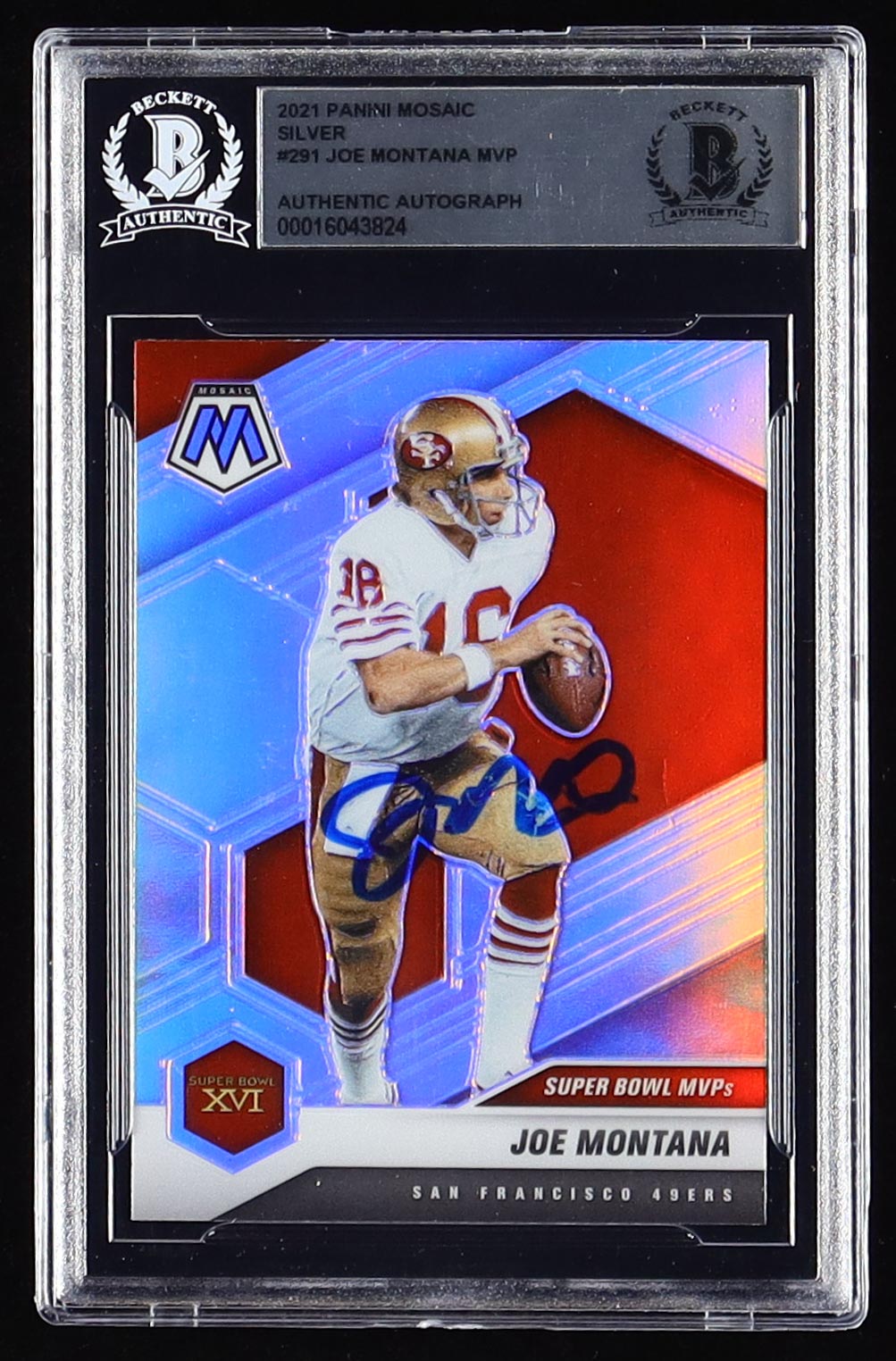 Joe Montana Signed 2021 Panini Mosaic #291 MVP (BGS Encapsulated) at PristineAuction.com Joe Montana Signed 2021 Panini Mosaic #291 MVP (BGS Encapsulated) at PristineAuction.com