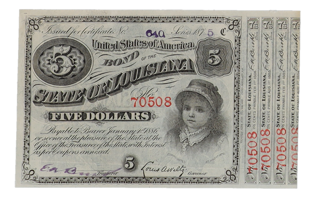 1875 Louisiana $5 Baby Bond Certificate at PristineAuction.com 1875 Louisiana $5 Baby Bond Certificate at PristineAuction.com