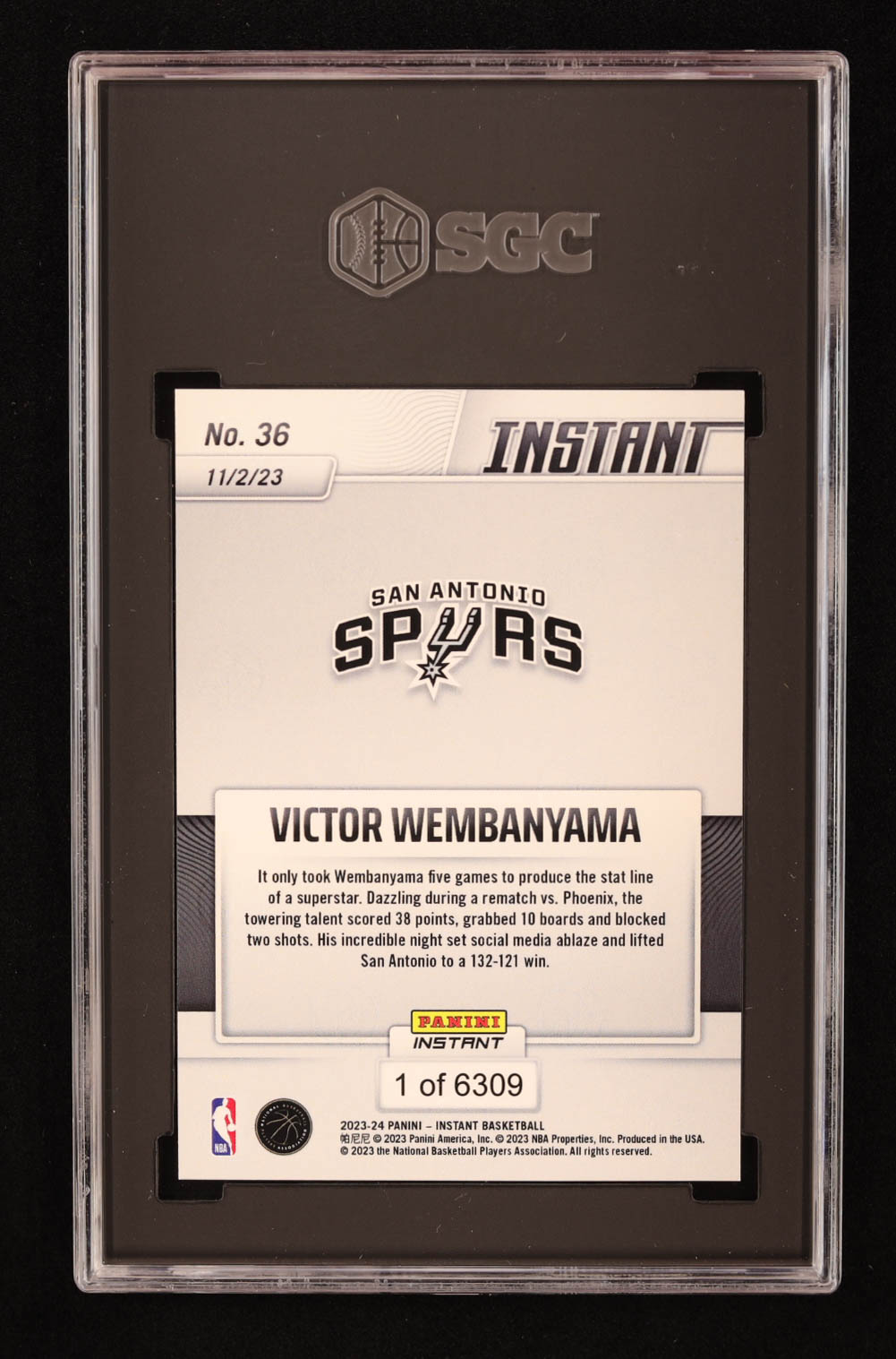 Victor Wembanyama 2023-24 Panini Instant #36 RC (SGC 9.5) at PristineAuction.com Victor Wembanyama 2023-24 Panini Instant #36 RC (SGC 9.5) at PristineAuction.com