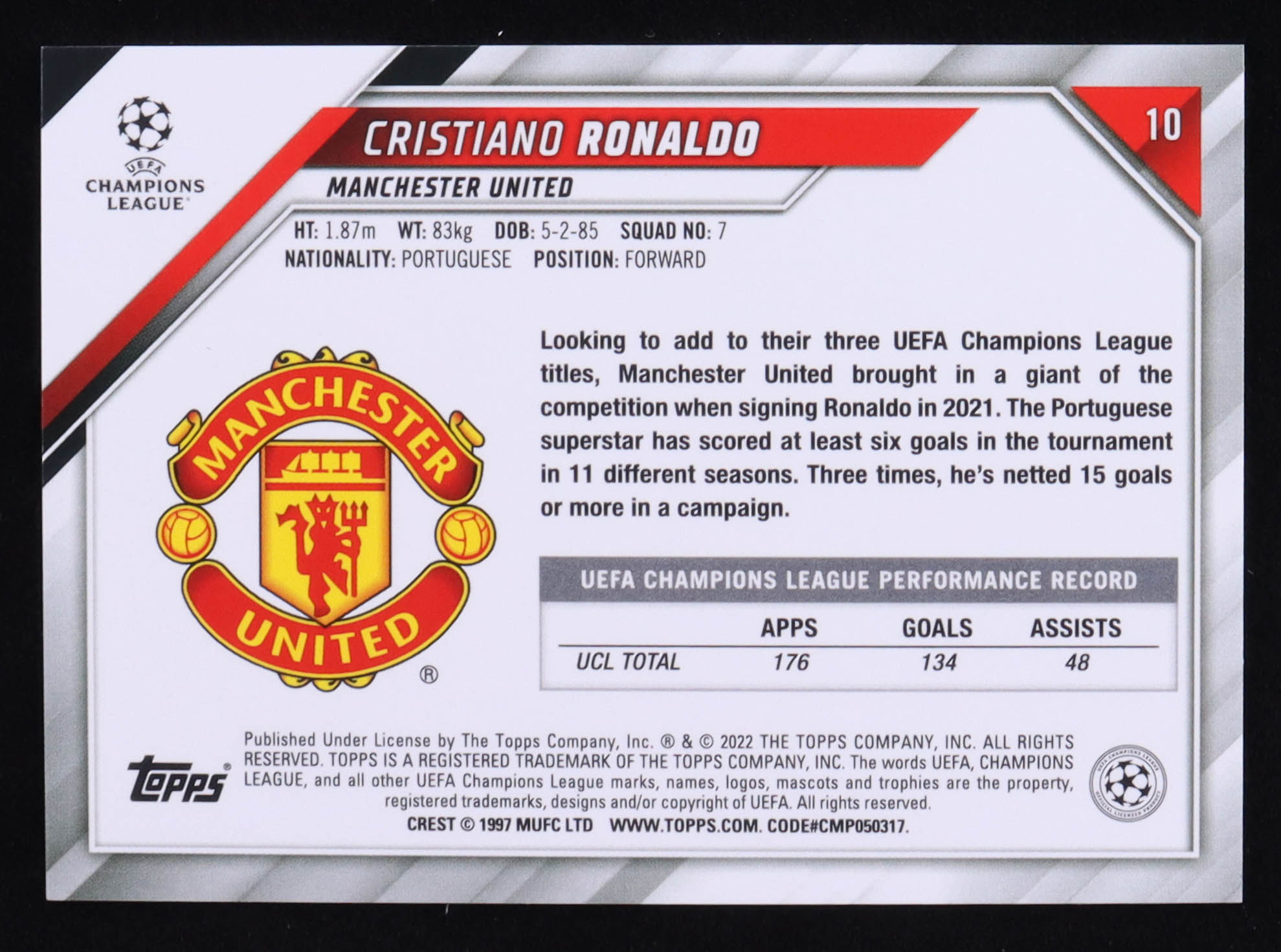 Cristiano Ronaldo 2021-22 Topps Chrome Sapphire UEFA Champions League #10 at PristineAuction.com Cristiano Ronaldo 2021-22 Topps Chrome Sapphire UEFA Champions League #10 at PristineAuction.com