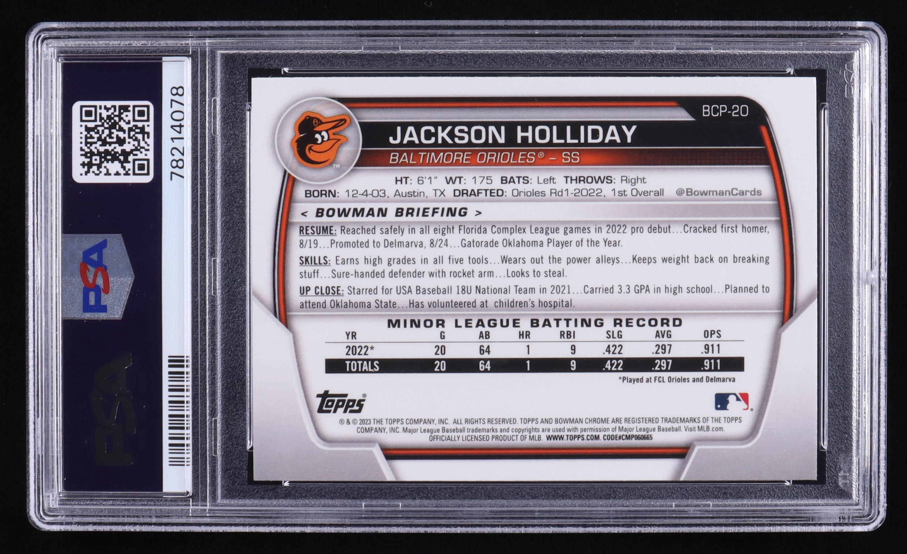 Jackson Holliday 2023 Bowman Chrome Prospects #BCP20 RC (PSA 9) at PristineAuction.com Jackson Holliday 2023 Bowman Chrome Prospects #BCP20 RC (PSA 9) at PristineAuction.com