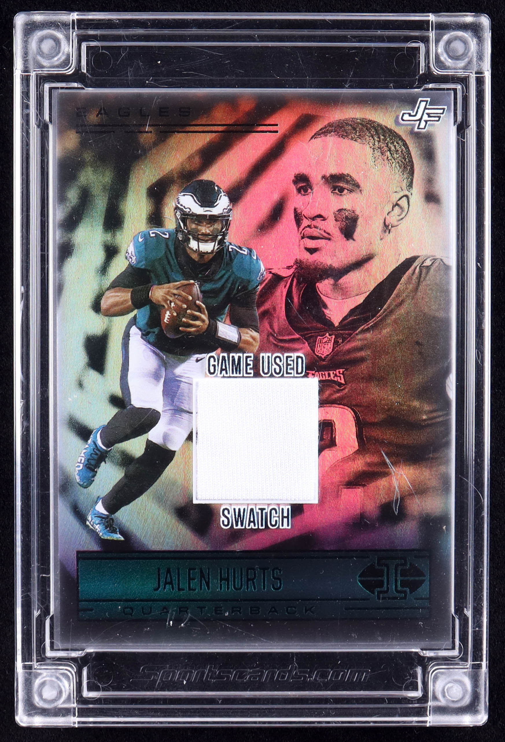 Jalen Hurts 2022 Sportscards.com Jersey Fusion Game-Used Swatch #JH1221 at PristineAuction.com Jalen Hurts 2022 Sportscards.com Jersey Fusion Game-Used Swatch #JH1221 at PristineAuction.com