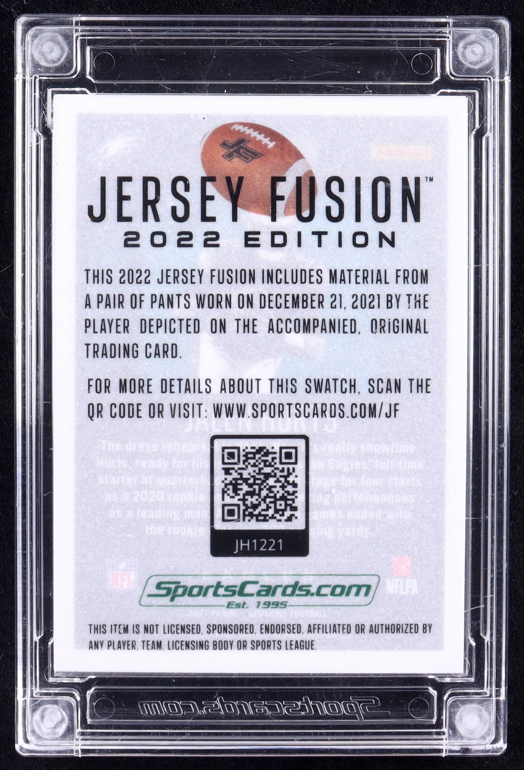 Jalen Hurts 2022 Sportscards.com Jersey Fusion Game-Used Swatch #JH1221 at PristineAuction.com Jalen Hurts 2022 Sportscards.com Jersey Fusion Game-Used Swatch #JH1221 at PristineAuction.com