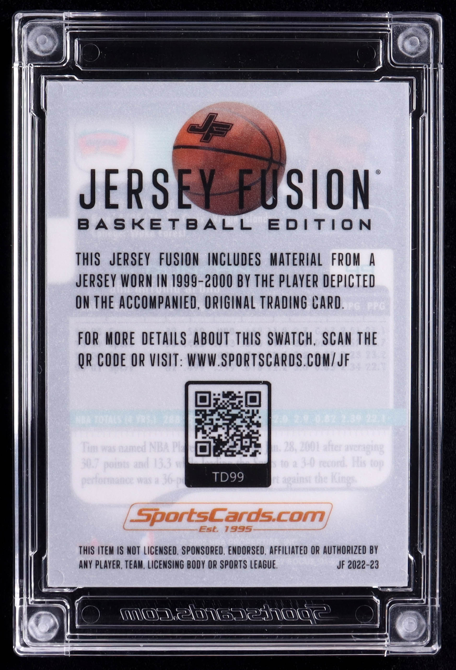 Tim Duncan 2022 Sportscards.com Jersey Fusion Game-Used Swatch #TD99 at PristineAuction.com Tim Duncan 2022 Sportscards.com Jersey Fusion Game-Used Swatch #TD99 at PristineAuction.com