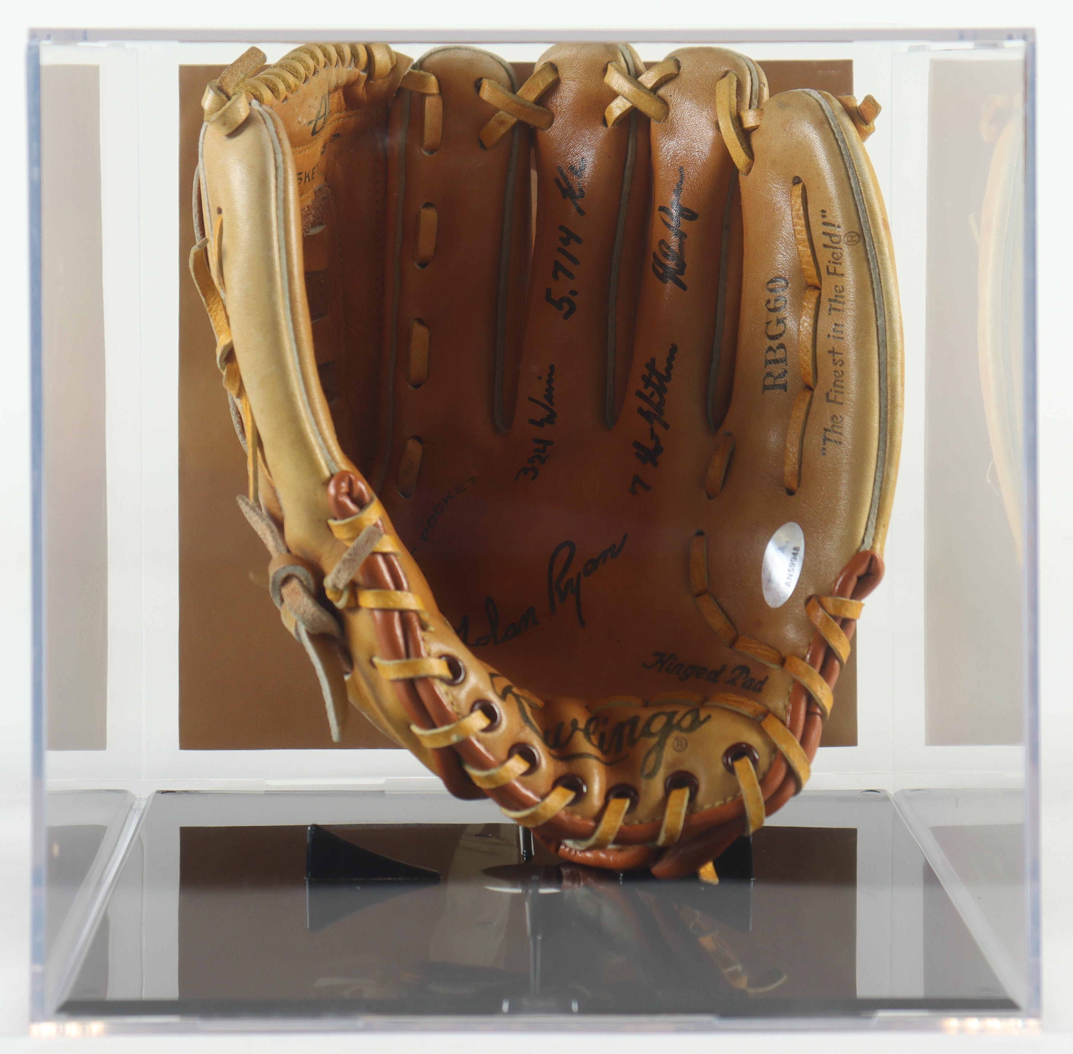 Nolan Ryan Signed Vintage Rawlings Nolan Ryan Model Baseball Glove Inscribed "324 Wins", "5,714 K's" & "7 No-Hitters In Photo Back Display Case (PSA) at PristineAuction.com Nolan Ryan Signed Vintage Rawlings Nolan Ryan Model Baseball Glove Inscribed "324 Wins", "5,714 K's" & "7 No-Hitters In Photo Back Display Case (PSA) at PristineAuction.com