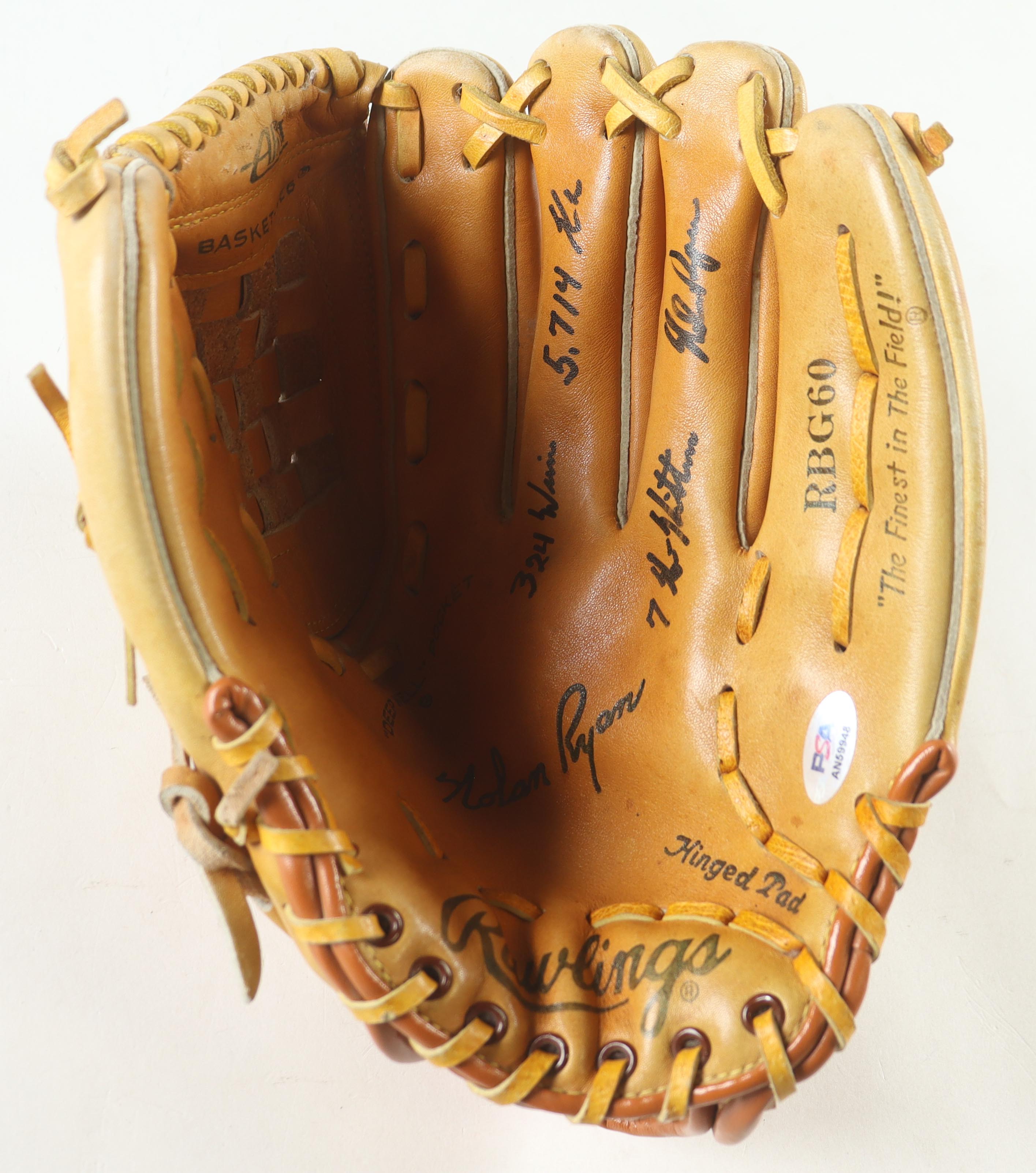 Nolan Ryan Signed Vintage Rawlings Nolan Ryan Model Baseball Glove Inscribed "324 Wins", "5,714 K's" & "7 No-Hitters In Photo Back Display Case (PSA) at PristineAuction.com Nolan Ryan Signed Vintage Rawlings Nolan Ryan Model Baseball Glove Inscribed "324 Wins", "5,714 K's" & "7 No-Hitters In Photo Back Display Case (PSA) at PristineAuction.com