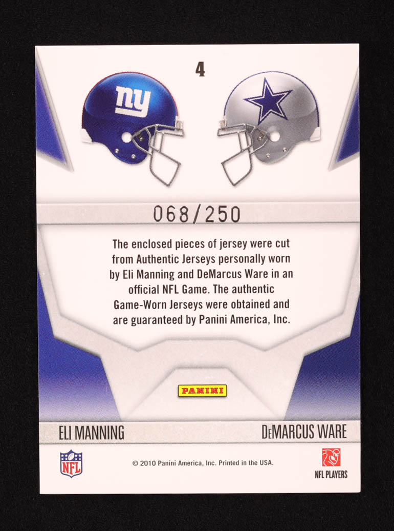 Eli Manning / DeMarcus Ware 2010 Panini Gridiron Gear Crash Course Jerseys #4 #68/250 at PristineAuction.com Eli Manning / DeMarcus Ware 2010 Panini Gridiron Gear Crash Course Jerseys #4 #68/250 at PristineAuction.com
