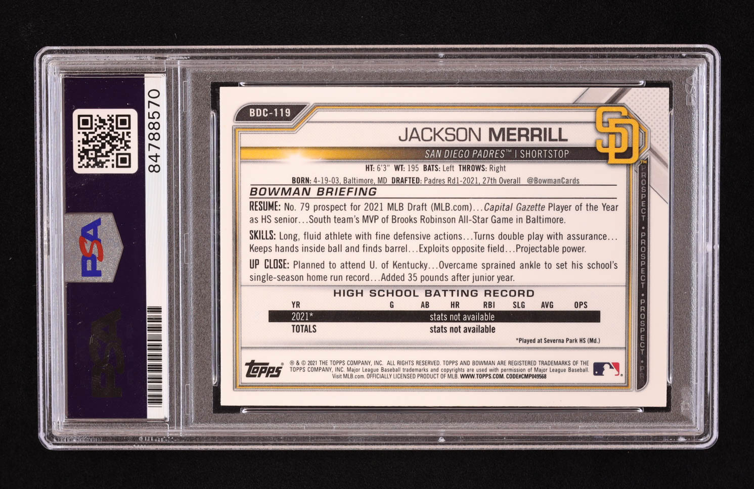 Jackson Merrill Signed 2021 Bowman Chrome Draft #BDC119 RC (PSA) at PristineAuction.com Jackson Merrill Signed 2021 Bowman Chrome Draft #BDC119 RC (PSA) at PristineAuction.com