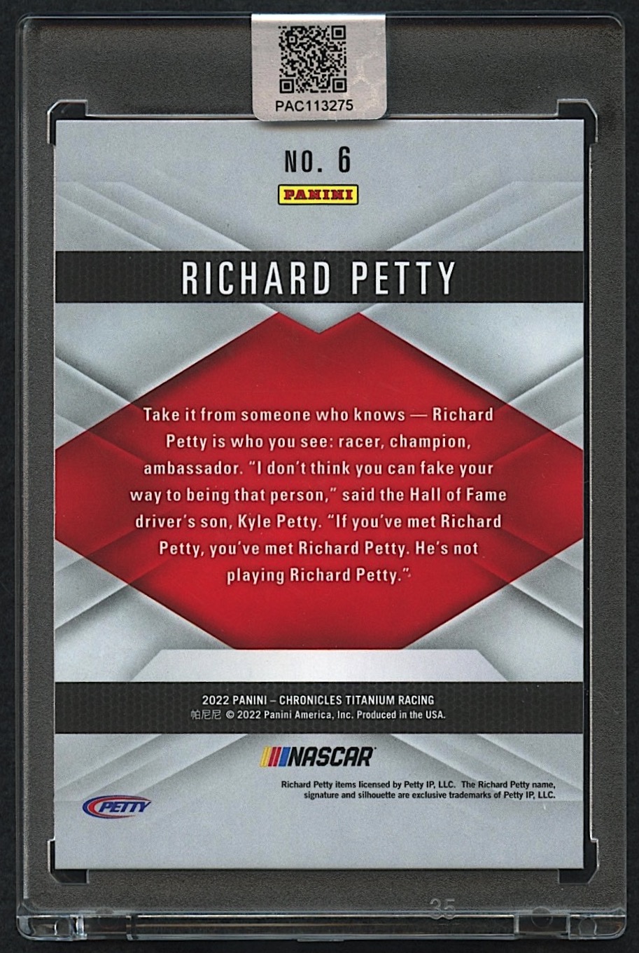 Richard Petty Signed 2022 Panini Chronicles Titanium #6 Red #86/99 (PA Encapsulated) at PristineAuction.com Richard Petty Signed 2022 Panini Chronicles Titanium #6 Red #86/99 (PA Encapsulated) at PristineAuction.com