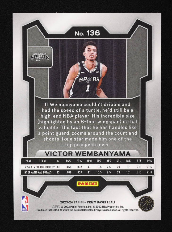 Victor Wembanyama 2023-24 Panini Prizm #136 RC at PristineAuction.com Victor Wembanyama 2023-24 Panini Prizm #136 RC at PristineAuction.com