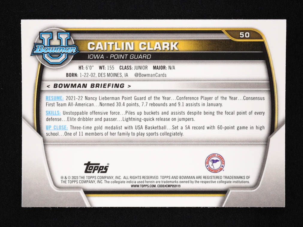 Caitlin Clark 2022-23 Bowman Chrome University #50 RC at PristineAuction.com Caitlin Clark 2022-23 Bowman Chrome University #50 RC at PristineAuction.com