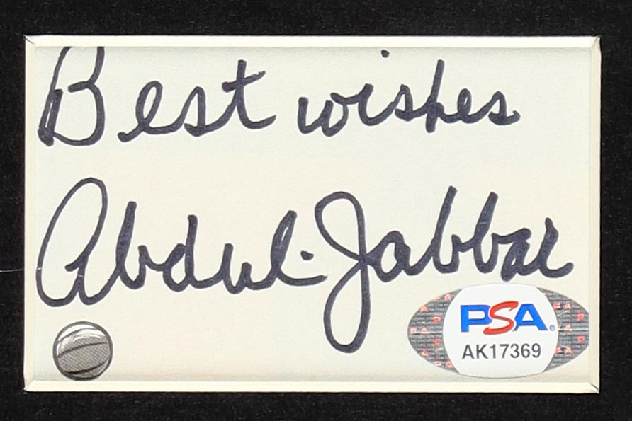 Kareem Abdul-Jabbar Signed Custom Framed Cut Display With Jersey (PSA) at PristineAuction.com Kareem Abdul-Jabbar Signed Custom Framed Cut Display With Jersey (PSA) at PristineAuction.com