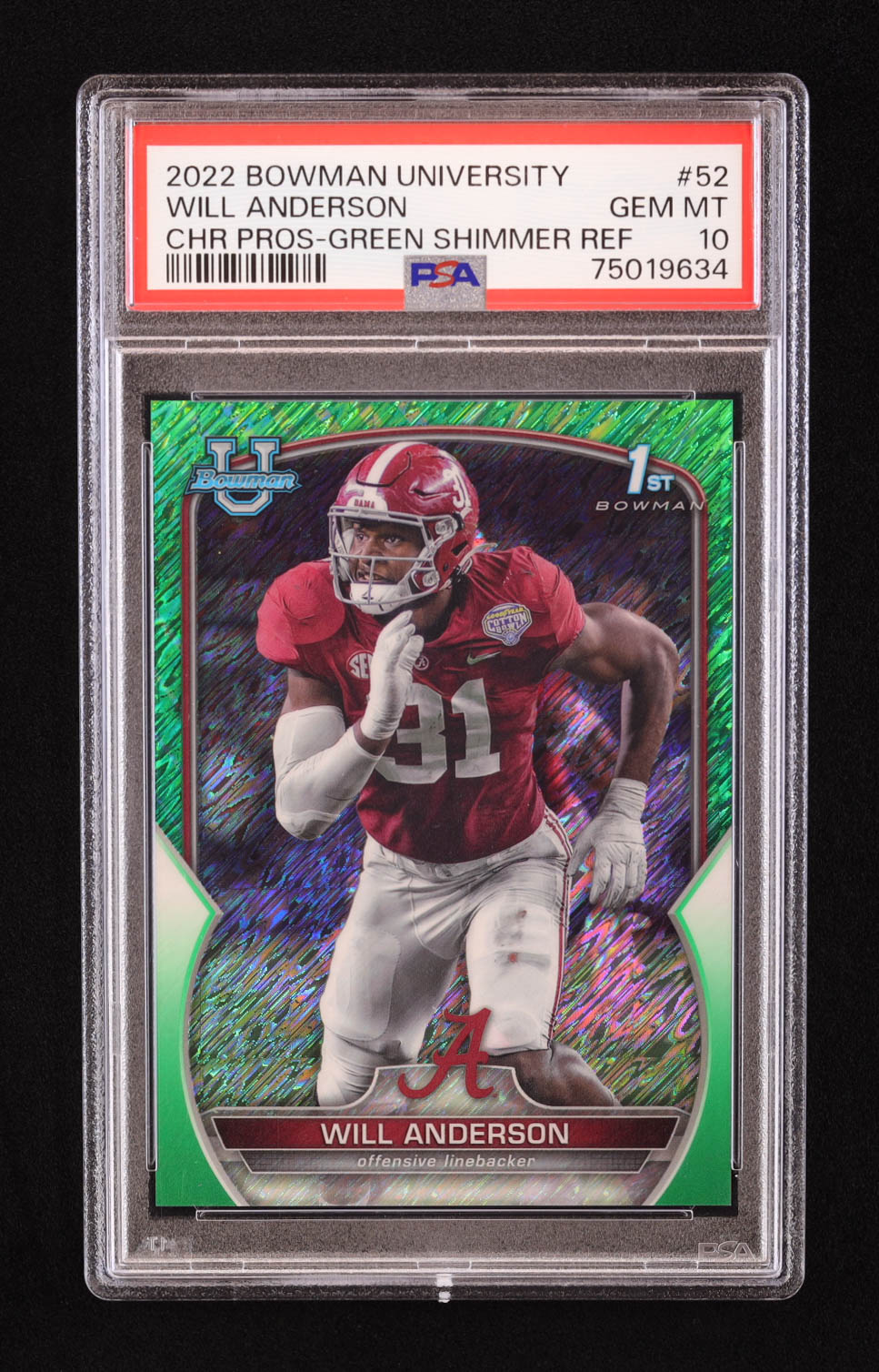 Will Anderson 2022 Bowman Chrome University Green Shimmer Refractors #52 #31/99 RC (PSA 10) at PristineAuction.com Will Anderson 2022 Bowman Chrome University Green Shimmer Refractors #52 #31/99 RC (PSA 10) at PristineAuction.com