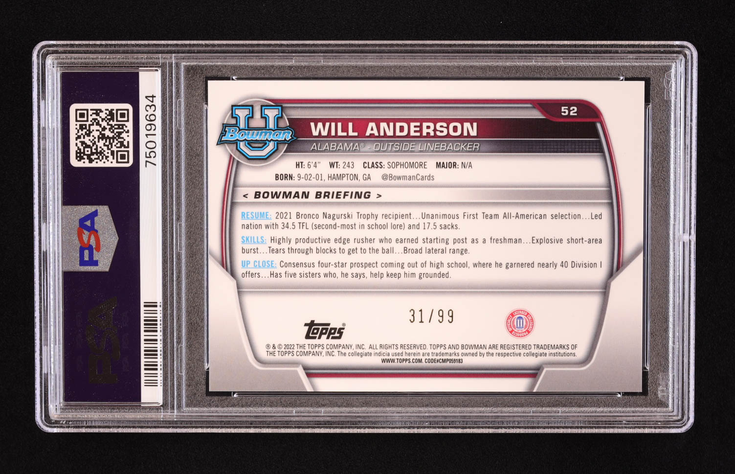 Will Anderson 2022 Bowman Chrome University Green Shimmer Refractors #52 #31/99 RC (PSA 10) at PristineAuction.com Will Anderson 2022 Bowman Chrome University Green Shimmer Refractors #52 #31/99 RC (PSA 10) at PristineAuction.com