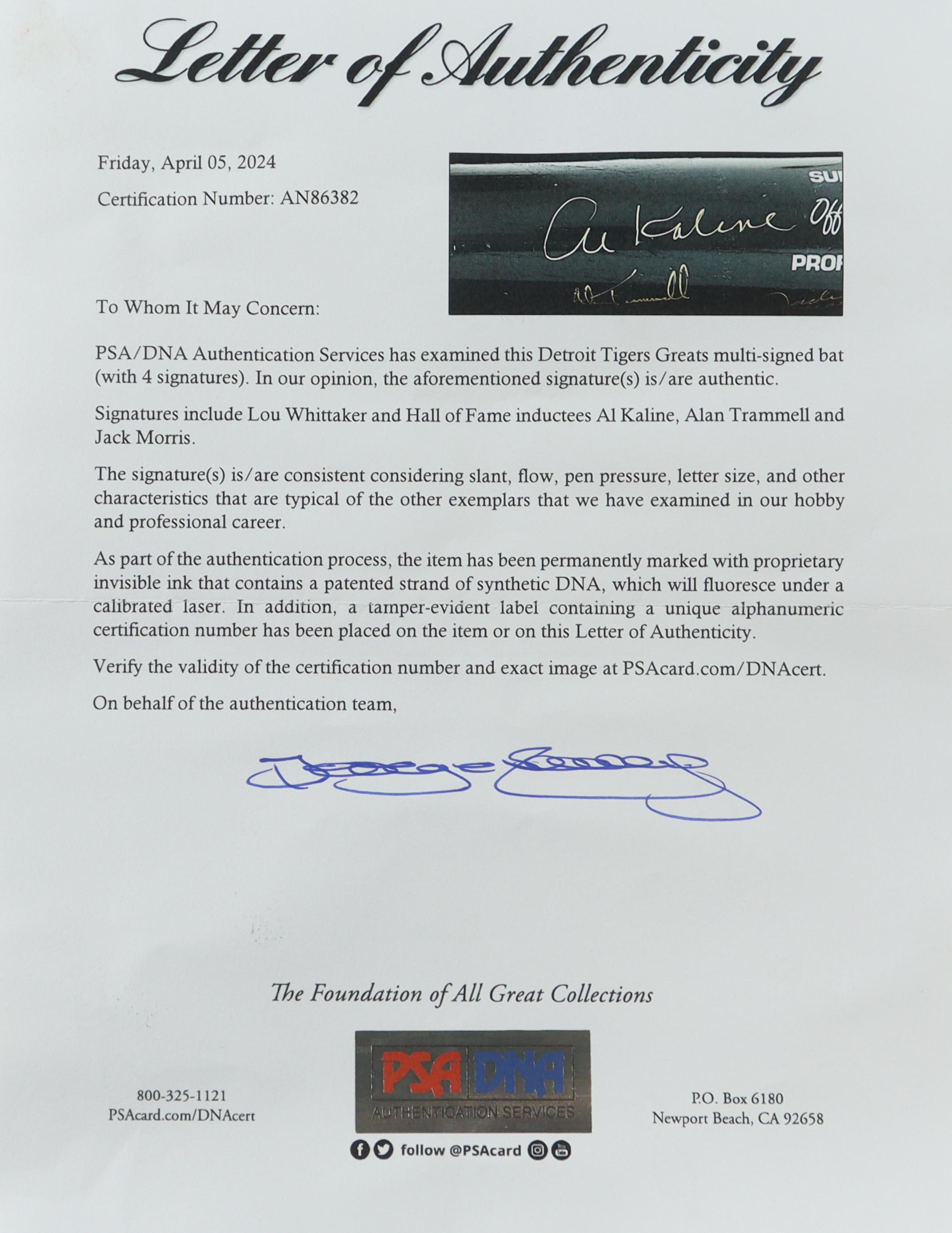 Alan Trammell, Lou Whittaker, Al Kaline & Jack Morris Signed Cooper Baseball Bat (PSA) at PristineAuction.com Alan Trammell, Lou Whittaker, Al Kaline & Jack Morris Signed Cooper Baseball Bat (PSA) at PristineAuction.com