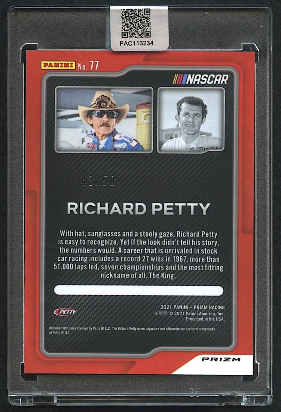 Richard Petty Signed 2021 Panini Prizm #77 Prizms Pink #43/50 (PA Encapsulated) at PristineAuction.com Richard Petty Signed 2021 Panini Prizm #77 Prizms Pink #43/50 (PA Encapsulated) at PristineAuction.com