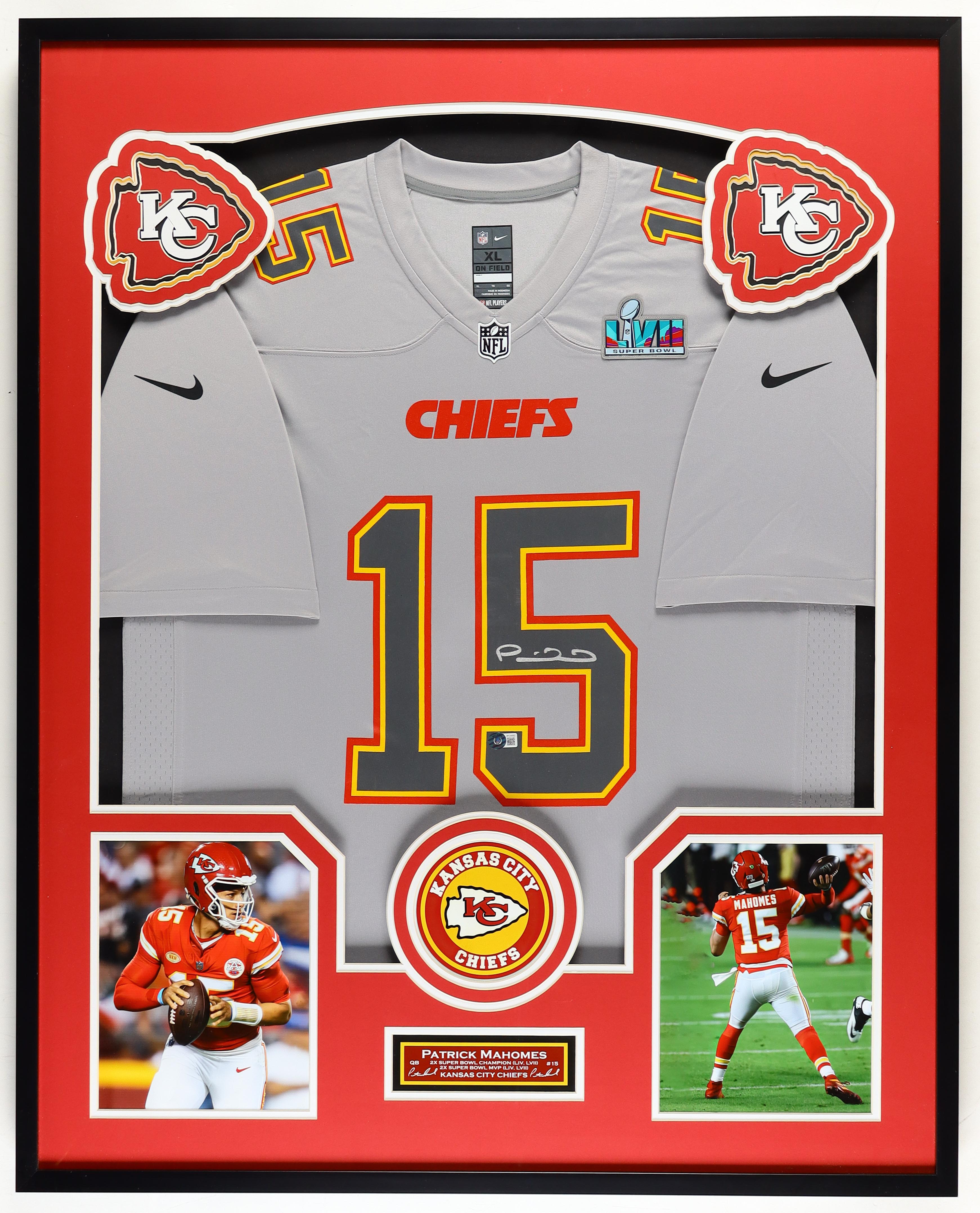 Patrick Mahomes Signed Custom Framed Chiefs Nike Jersey with Super Bowl LVII Patch (Beckett) at PristineAuction.com Patrick Mahomes Signed Custom Framed Chiefs Nike Jersey with Super Bowl LVII Patch (Beckett) at PristineAuction.com