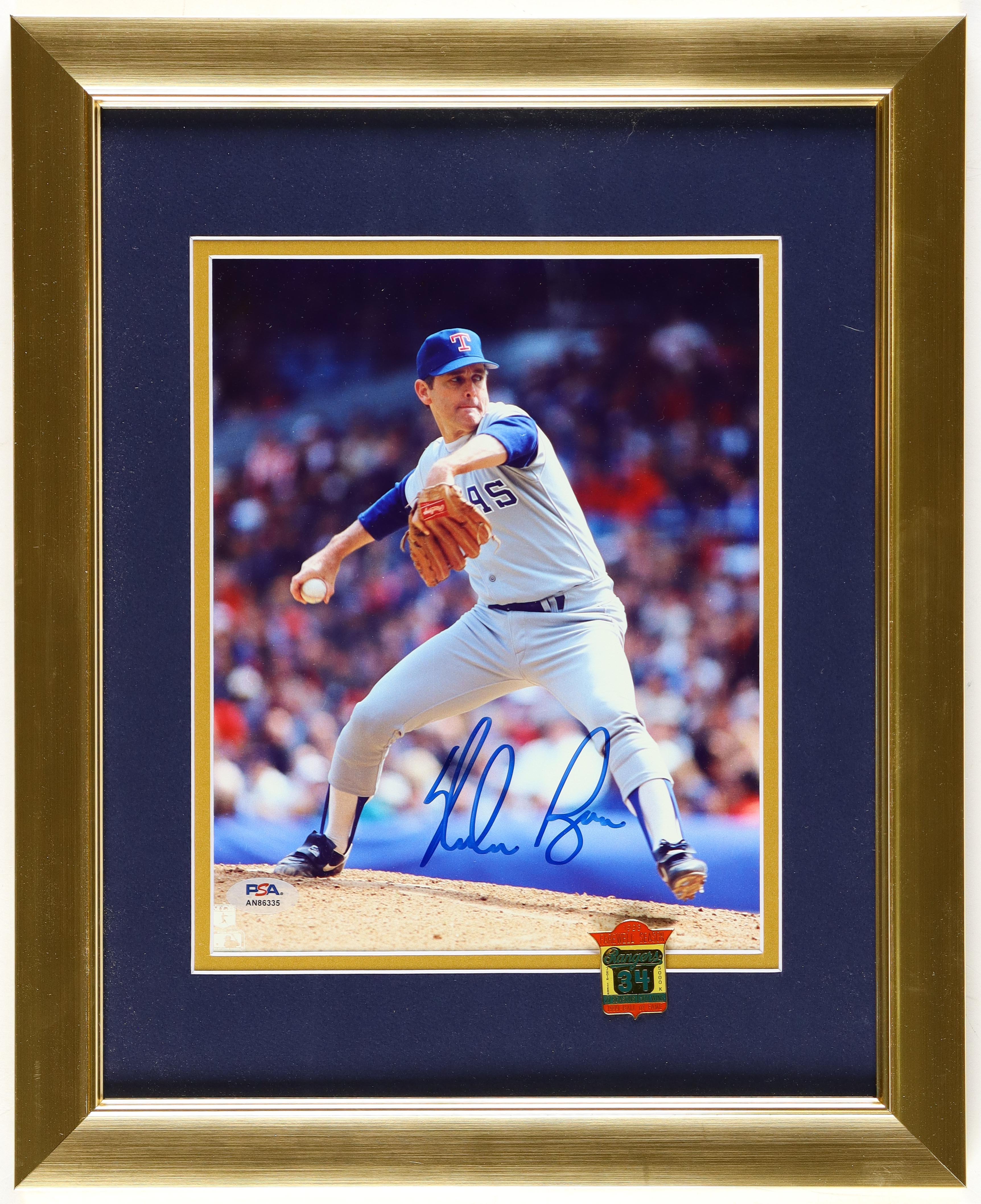 Nolan Ryan Signed Rangers Custom Framed Photo Display With Official #34 Jersey Retirement Pin (PSA) at PristineAuction.com Nolan Ryan Signed Rangers Custom Framed Photo Display With Official #34 Jersey Retirement Pin (PSA) at PristineAuction.com