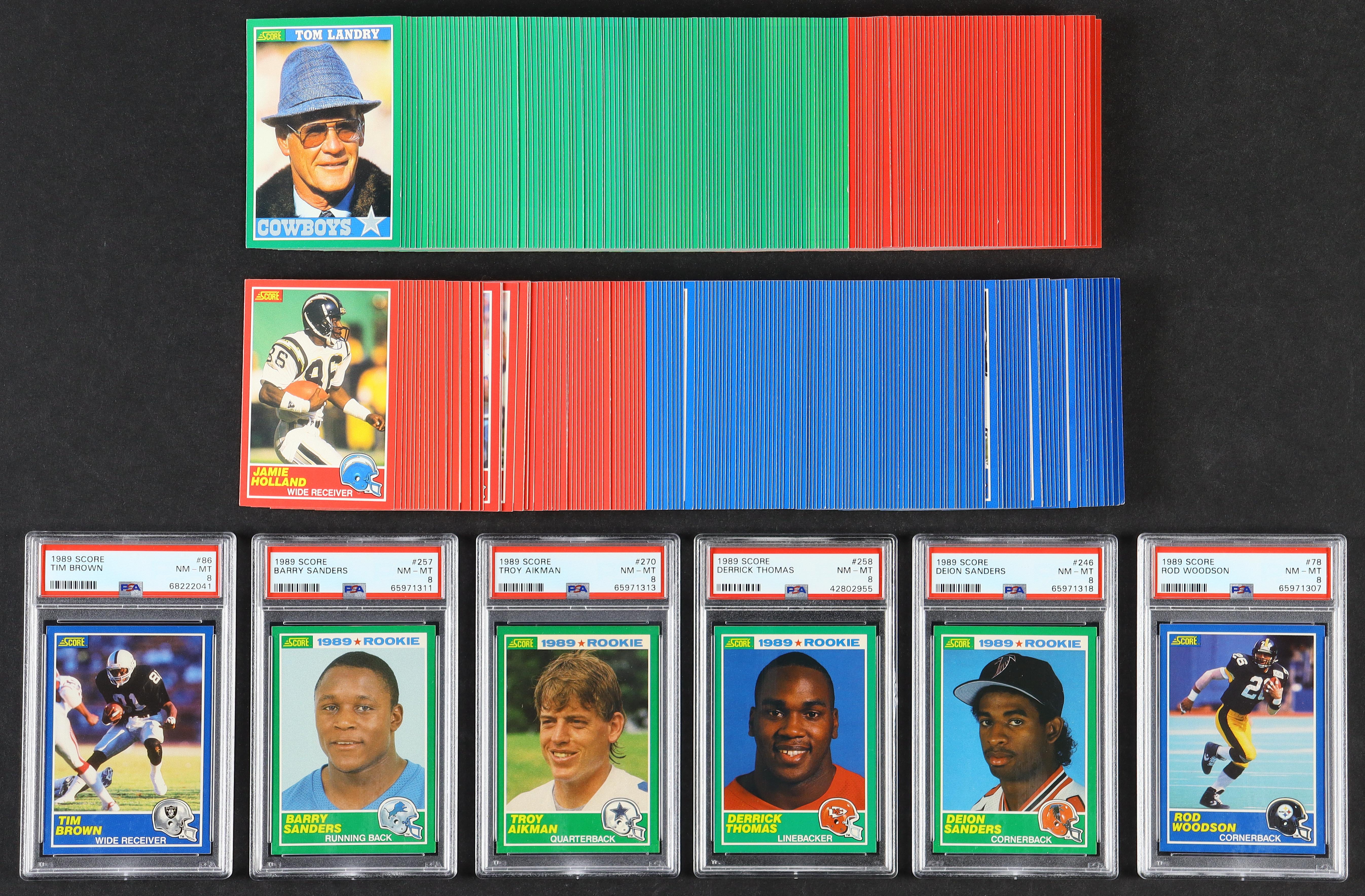 1989 Score Football Complete Set of (338) Cards with Barry Sanders #257 RC (PSA 8), Troy Aikman #270 RC (PSA 8), Deion Sanders #246 RC (PSA 8), Derrick Thomas #258 RC (PSA 8), Tim Brown #86 (PSA 8), Rod Woodson #78 (PSA 8) at PristineAuction.com 1989 Score Football Complete Set of (338) Cards with Barry Sanders #257 RC (PSA 8), Troy Aikman #270 RC (PSA 8), Deion Sanders #246 RC (PSA 8), Derrick Thomas #258 RC (PSA 8), Tim Brown #86 (PSA 8), Rod Woodson #78 (PSA 8) at PristineAuction.com