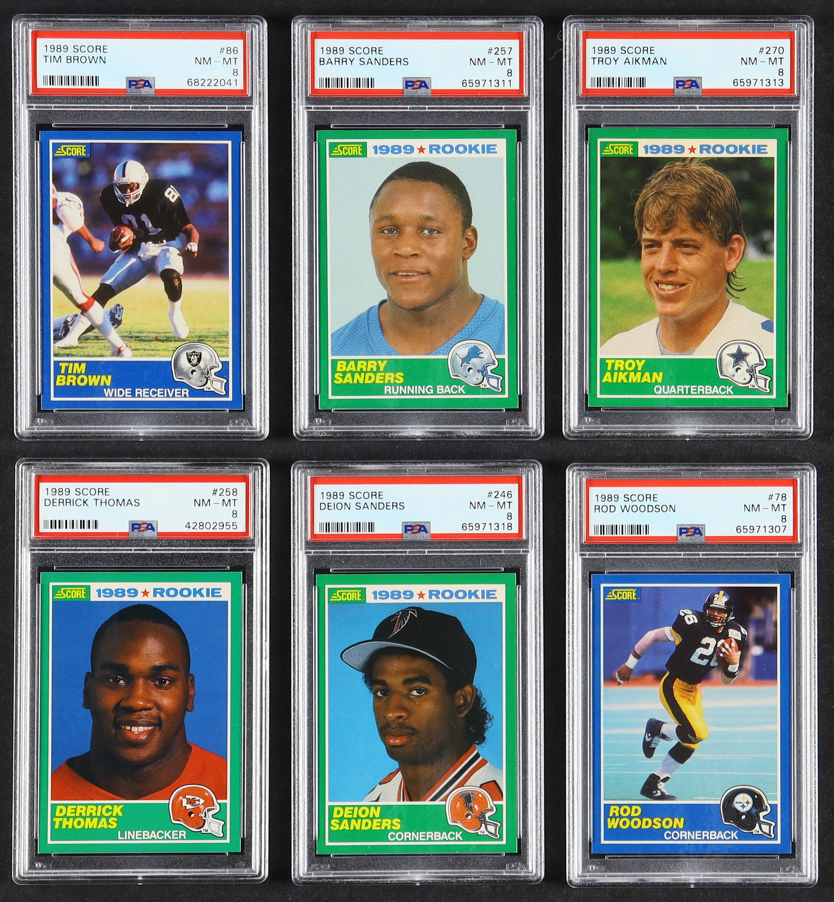 1989 Score Football Complete Set of (338) Cards with Barry Sanders #257 RC (PSA 8), Troy Aikman #270 RC (PSA 8), Deion Sanders #246 RC (PSA 8), Derrick Thomas #258 RC (PSA 8), Tim Brown #86 (PSA 8), Rod Woodson #78 (PSA 8) at PristineAuction.com 1989 Score Football Complete Set of (338) Cards with Barry Sanders #257 RC (PSA 8), Troy Aikman #270 RC (PSA 8), Deion Sanders #246 RC (PSA 8), Derrick Thomas #258 RC (PSA 8), Tim Brown #86 (PSA 8), Rod Woodson #78 (PSA 8) at PristineAuction.com