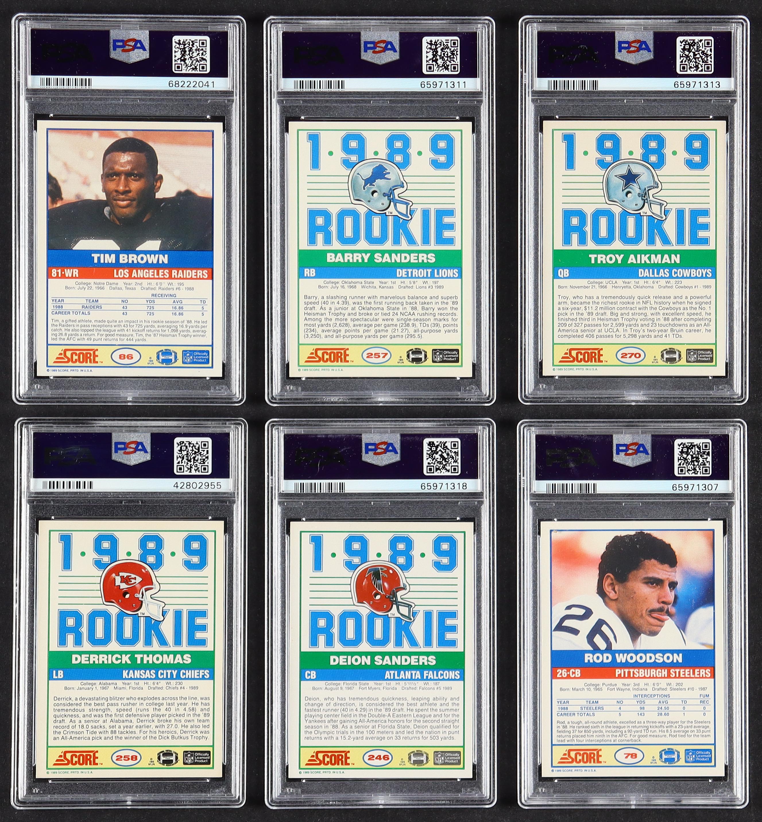 1989 Score Football Complete Set of (338) Cards with Barry Sanders #257 RC (PSA 8), Troy Aikman #270 RC (PSA 8), Deion Sanders #246 RC (PSA 8), Derrick Thomas #258 RC (PSA 8), Tim Brown #86 (PSA 8), Rod Woodson #78 (PSA 8) at PristineAuction.com 1989 Score Football Complete Set of (338) Cards with Barry Sanders #257 RC (PSA 8), Troy Aikman #270 RC (PSA 8), Deion Sanders #246 RC (PSA 8), Derrick Thomas #258 RC (PSA 8), Tim Brown #86 (PSA 8), Rod Woodson #78 (PSA 8) at PristineAuction.com