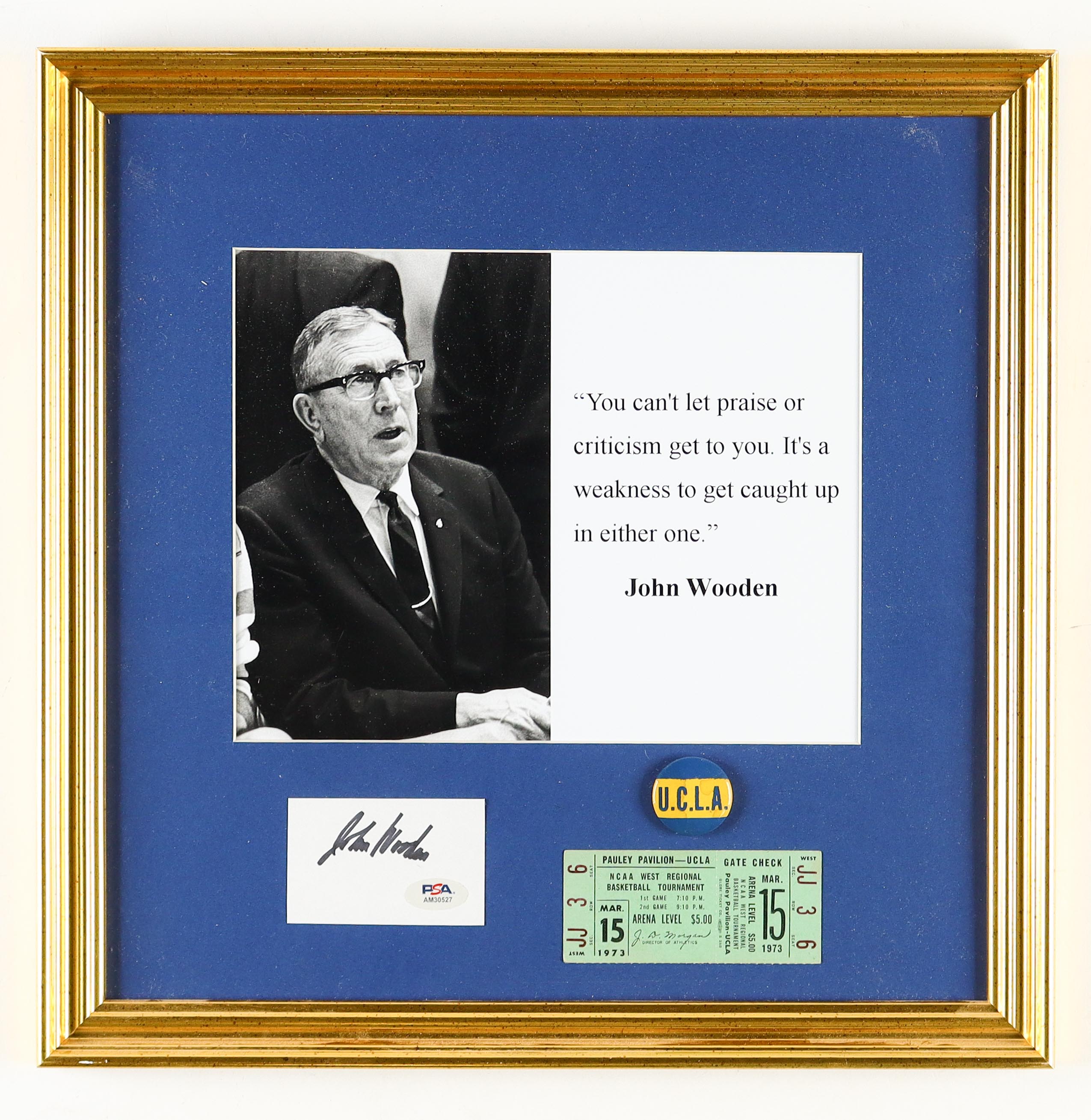 John Wooden Signed UCLA Bruins Custom Framed Cut with 1973 Ticket & Button (PSA) at PristineAuction.com John Wooden Signed UCLA Bruins Custom Framed Cut with 1973 Ticket & Button (PSA) at PristineAuction.com