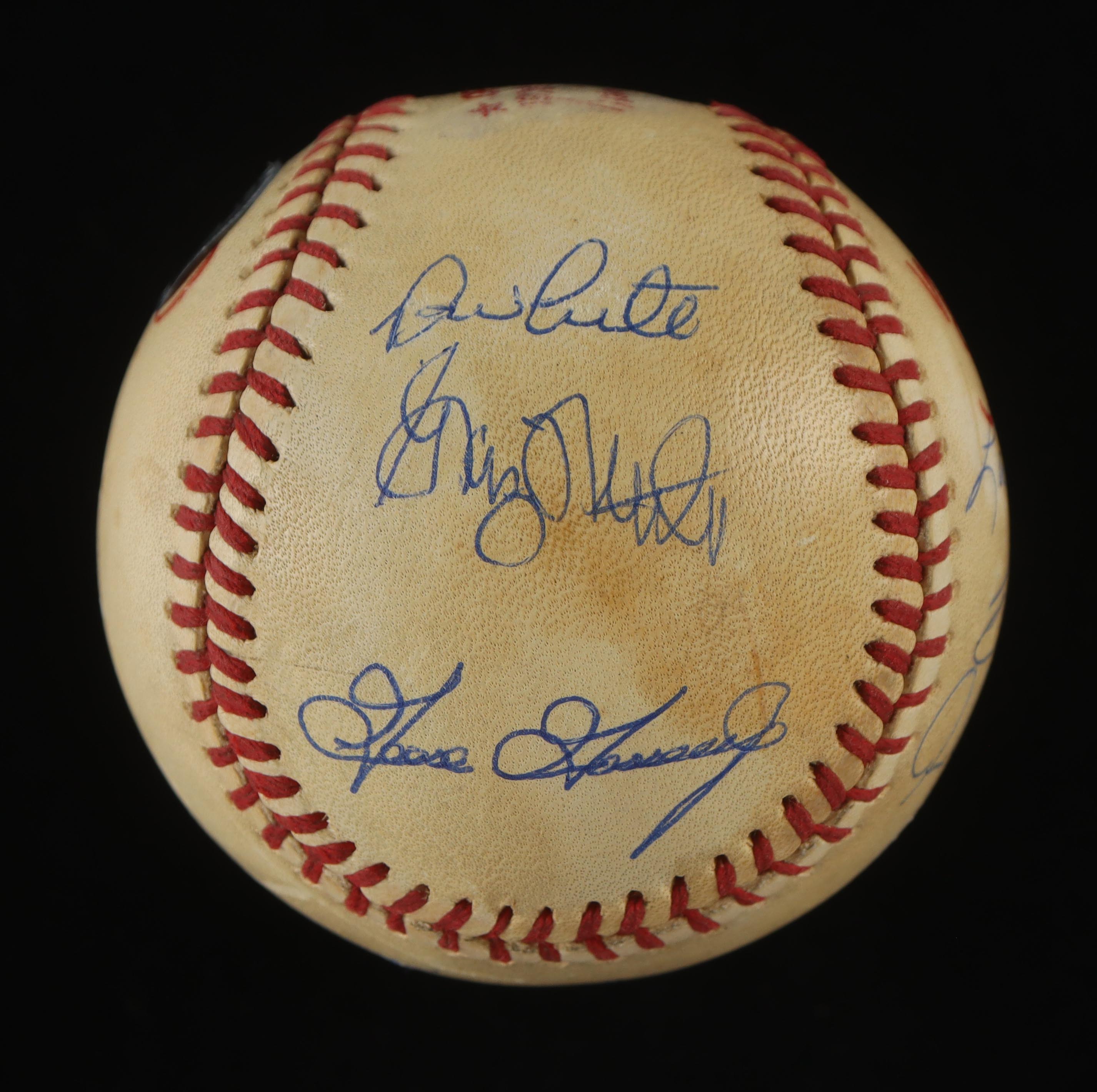 1978 World Series Baseball With Display Case & World Series Pin Signed By (7) With Bucky Dent, Reggie Jackson, Graig Nettles, Lou Piniella (Beckett) at PristineAuction.com 1978 World Series Baseball With Display Case & World Series Pin Signed By (7) With Bucky Dent, Reggie Jackson, Graig Nettles, Lou Piniella (Beckett) at PristineAuction.com