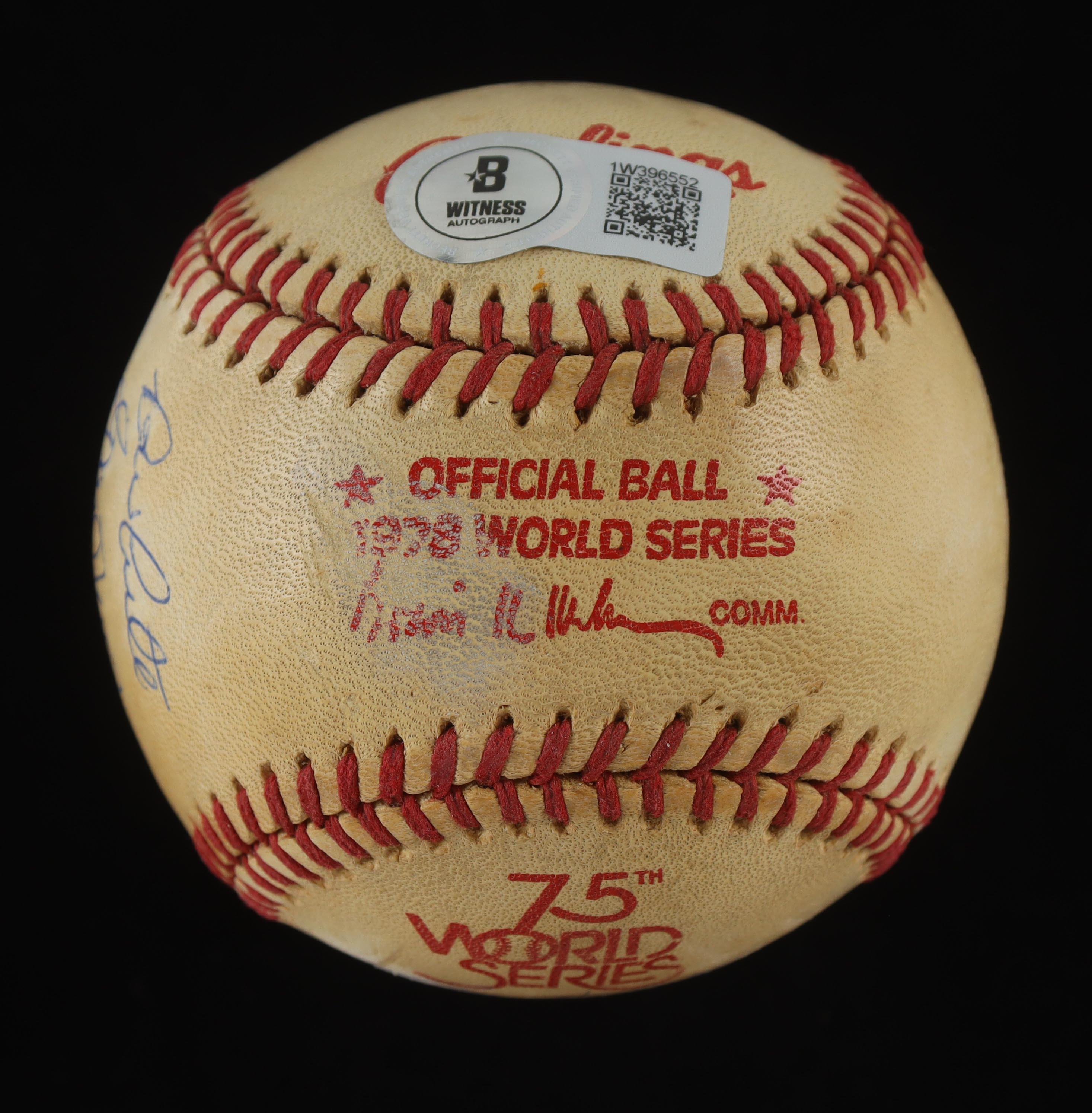 1978 World Series Baseball With Display Case & World Series Pin Signed By (7) With Bucky Dent, Reggie Jackson, Graig Nettles, Lou Piniella (Beckett) at PristineAuction.com 1978 World Series Baseball With Display Case & World Series Pin Signed By (7) With Bucky Dent, Reggie Jackson, Graig Nettles, Lou Piniella (Beckett) at PristineAuction.com