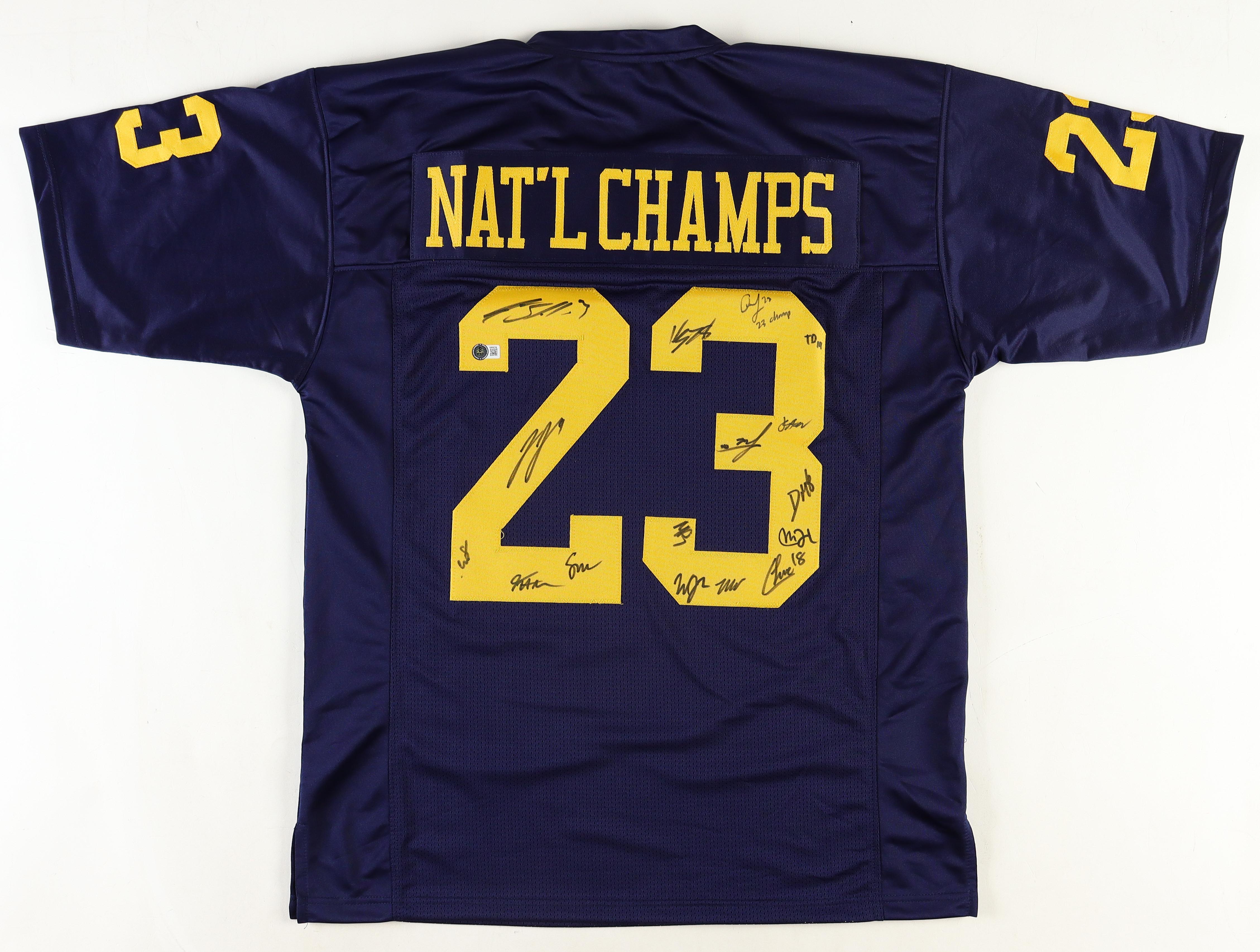 2023 Michigan Wolverines Jersey Team-Signed by (16) with J.J. McCarthy, Blake Corum, Colston Loveland, Mike Sainristil Inscribed "23 Champs" (Beckett) at PristineAuction.com 2023 Michigan Wolverines Jersey Team-Signed by (16) with J.J. McCarthy, Blake Corum, Colston Loveland, Mike Sainristil Inscribed "23 Champs" (Beckett) at PristineAuction.com