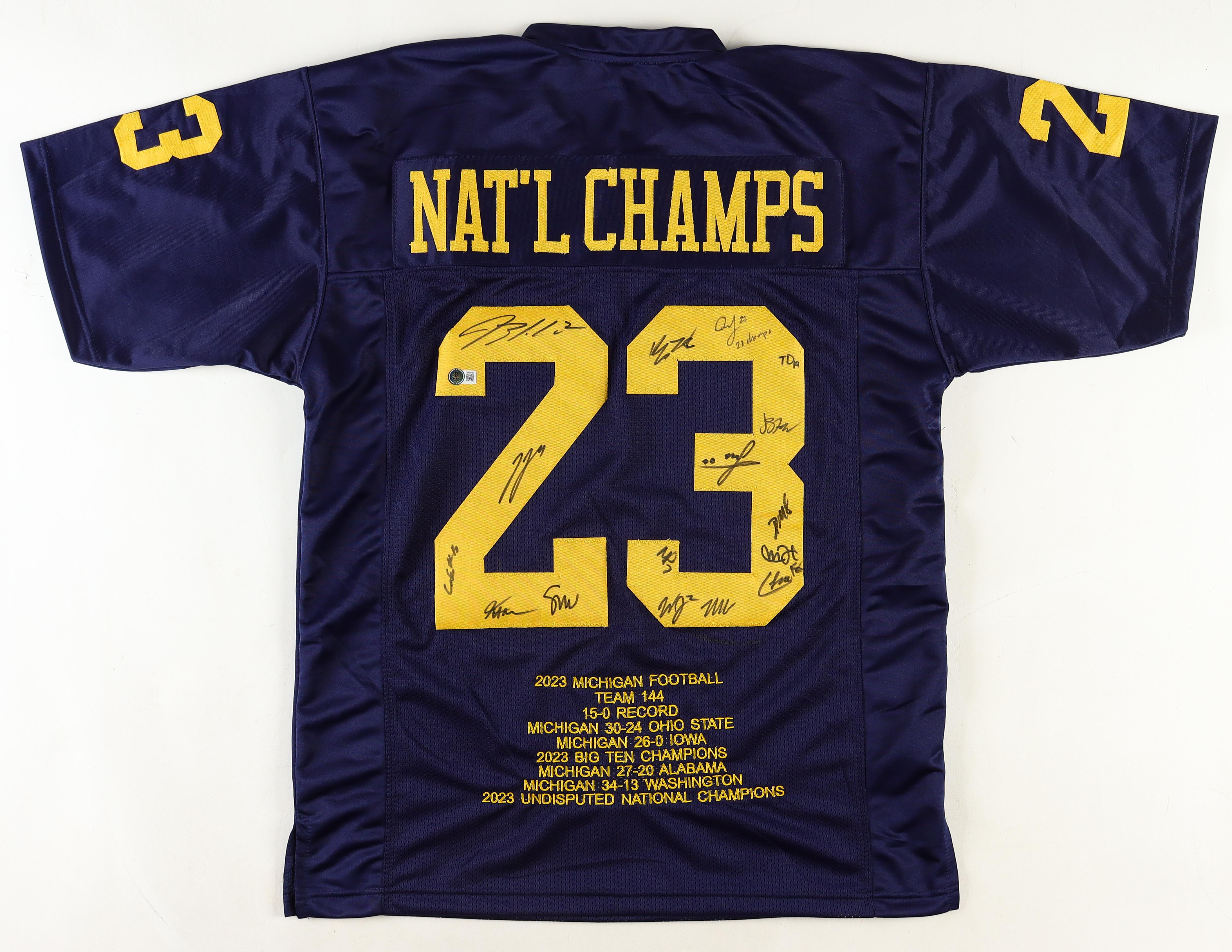2023 Michigan Wolverines Team Highlight Stat Jersey Team-Signed by (16) with J.J. McCarthy, Blake Corum, Colston Loveland, Mike Sainristil Inscribed "23 Champs" (Beckett) at PristineAuction.com 2023 Michigan Wolverines Team Highlight Stat Jersey Team-Signed by (16) with J.J. McCarthy, Blake Corum, Colston Loveland, Mike Sainristil Inscribed "23 Champs" (Beckett) at PristineAuction.com