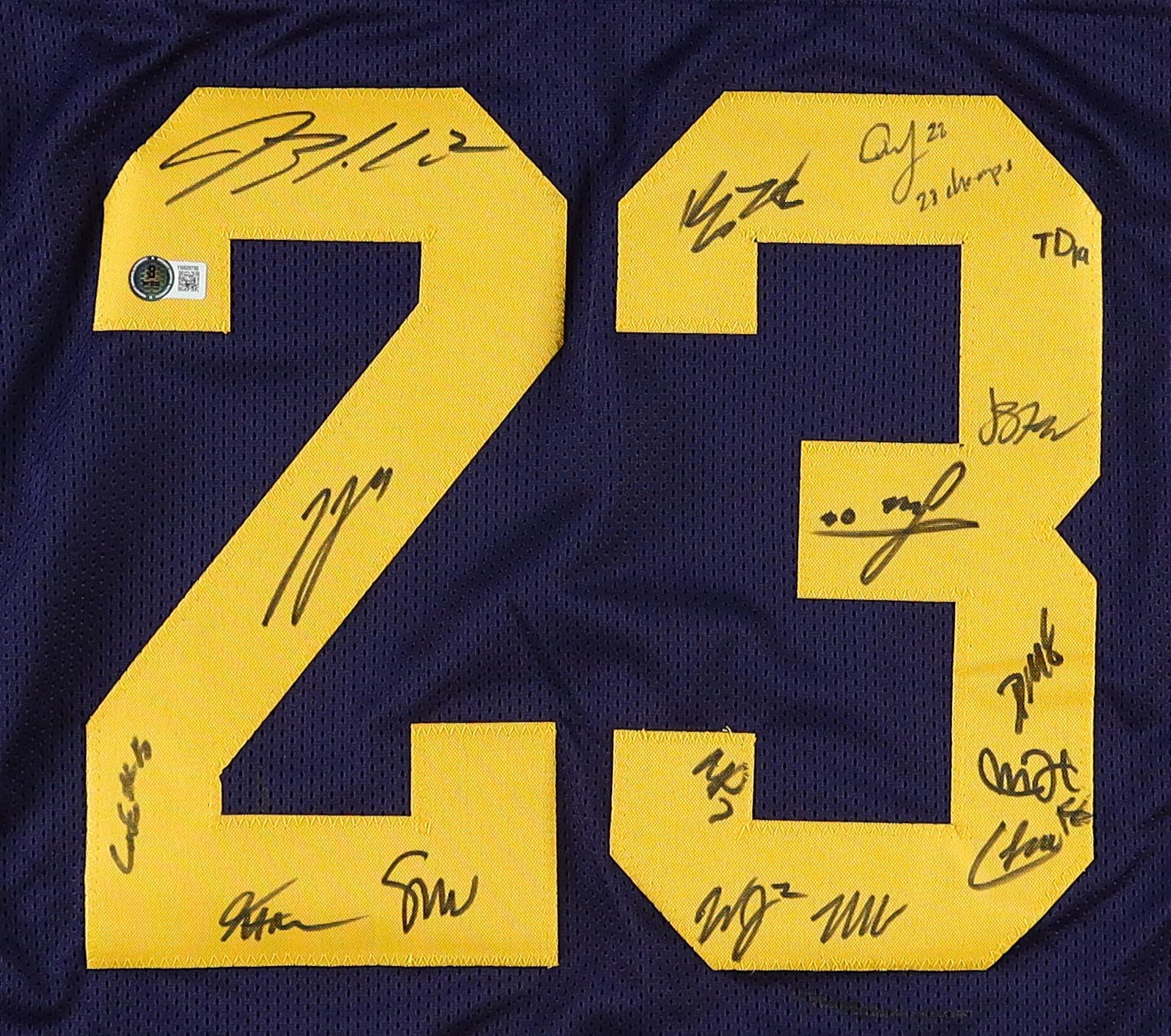 2023 Michigan Wolverines Team Highlight Stat Jersey Team-Signed by (16) with J.J. McCarthy, Blake Corum, Colston Loveland, Mike Sainristil Inscribed "23 Champs" (Beckett) at PristineAuction.com 2023 Michigan Wolverines Team Highlight Stat Jersey Team-Signed by (16) with J.J. McCarthy, Blake Corum, Colston Loveland, Mike Sainristil Inscribed "23 Champs" (Beckett) at PristineAuction.com