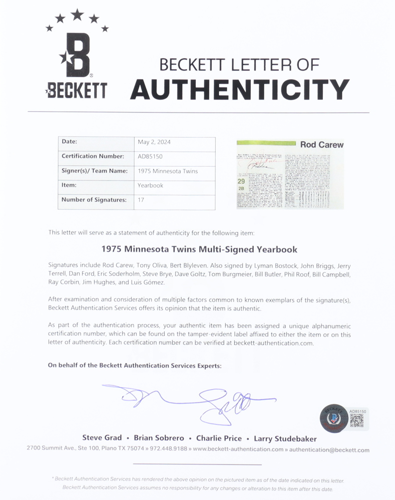 1975 Twins Yearbook Signed By (17) with Rod Carew, Tony Oliva, Bert Blyleven, Lyman Bostock (Beckett) at PristineAuction.com 1975 Twins Yearbook Signed By (17) with Rod Carew, Tony Oliva, Bert Blyleven, Lyman Bostock (Beckett) at PristineAuction.com