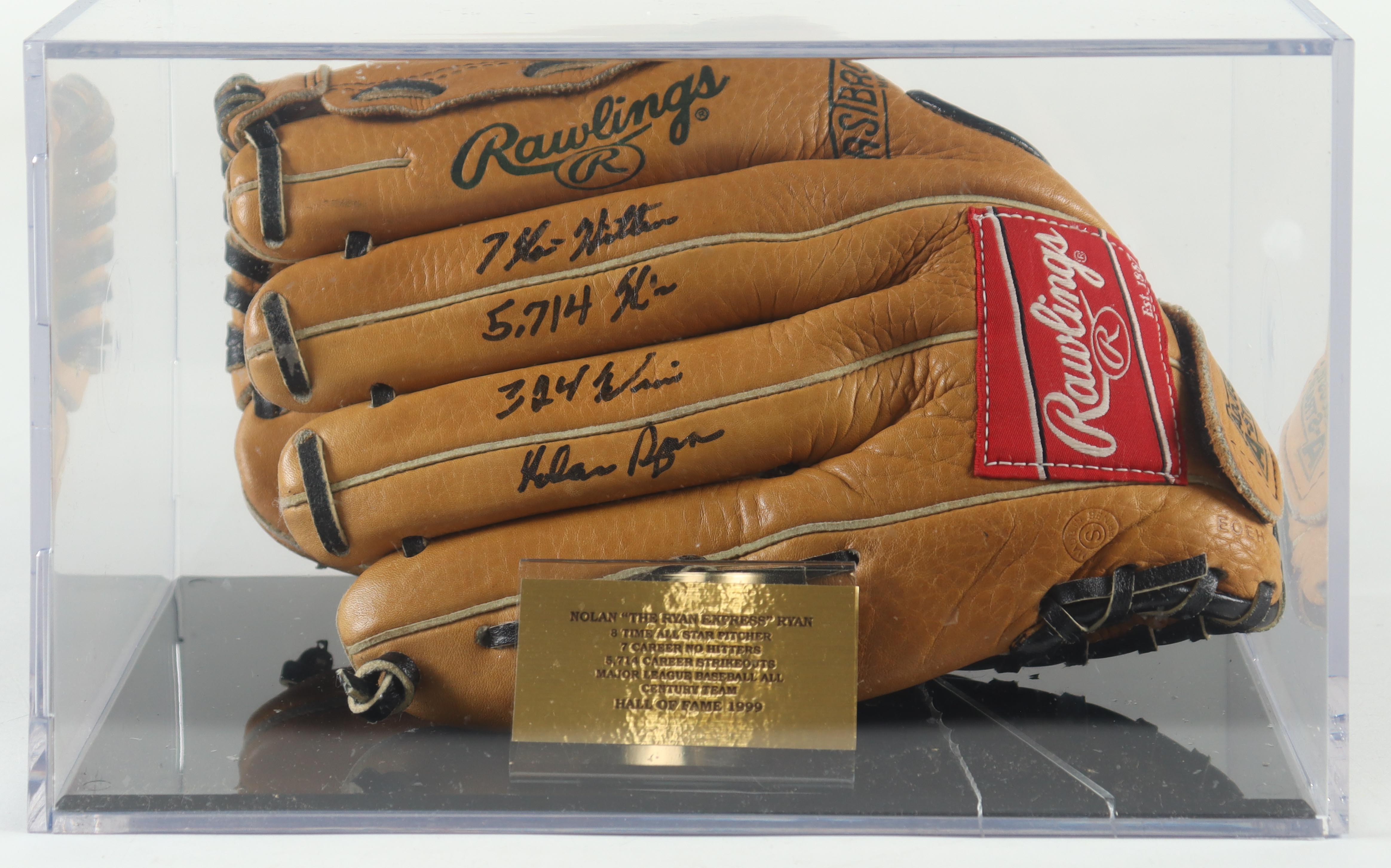 Nolan Ryan Signed Vintage Rawlings Fastback model Baseball Glove Inscribed "324 Wins", "5,714 Ks" &"7 No-Hitter" with Display Case (PSA) at PristineAuction.com Nolan Ryan Signed Vintage Rawlings Fastback model Baseball Glove Inscribed "324 Wins", "5,714 Ks" &"7 No-Hitter" with Display Case (PSA) at PristineAuction.com