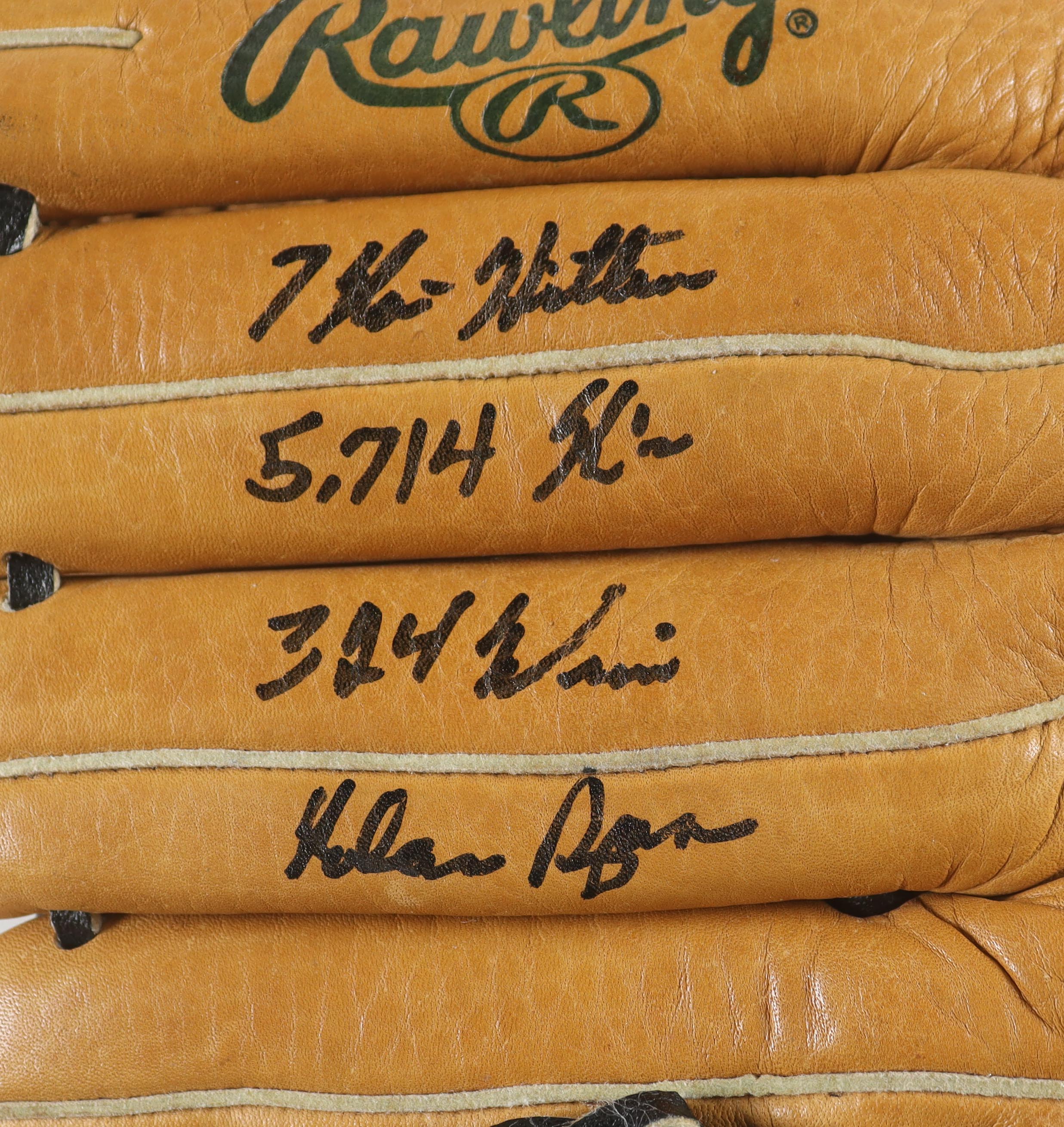 Nolan Ryan Signed Vintage Rawlings Fastback model Baseball Glove Inscribed "324 Wins", "5,714 Ks" &"7 No-Hitter" with Display Case (PSA) at PristineAuction.com Nolan Ryan Signed Vintage Rawlings Fastback model Baseball Glove Inscribed "324 Wins", "5,714 Ks" &"7 No-Hitter" with Display Case (PSA) at PristineAuction.com