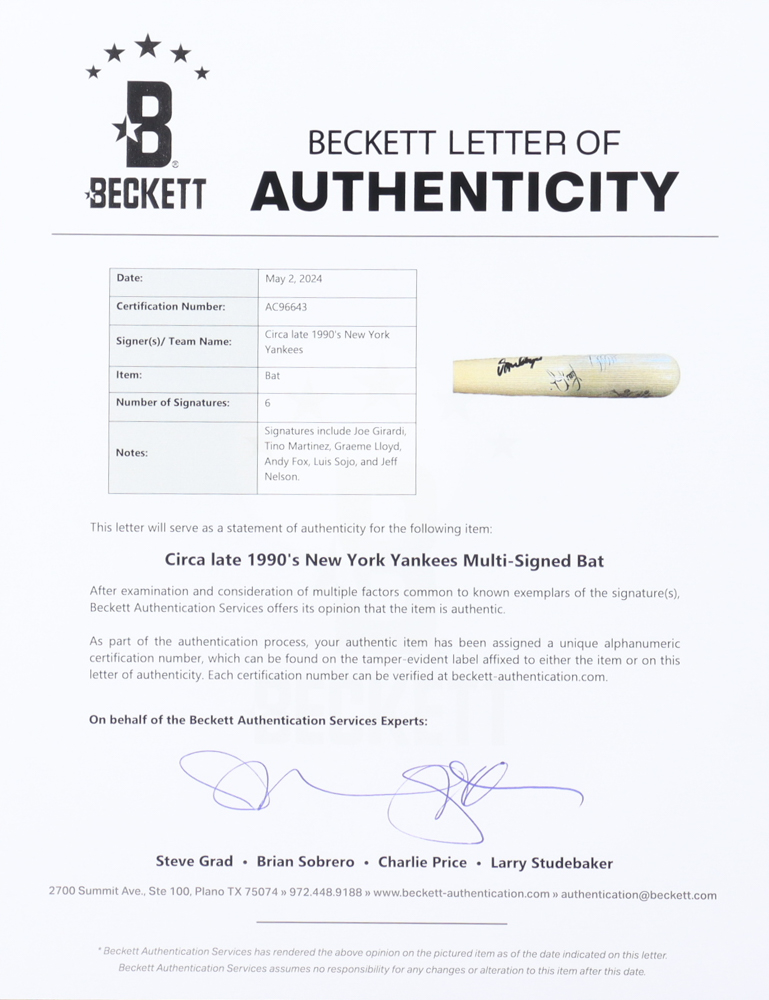 Cooperstown "Where It All Began" Doubleday Field Baseball Bat Signed by (6) with Joe Girardi, Tino Martinez, Graeme Lloyd, Andy Fox, Luis Sojo (Beckett) at PristineAuction.com Cooperstown "Where It All Began" Doubleday Field Baseball Bat Signed by (6) with Joe Girardi, Tino Martinez, Graeme Lloyd, Andy Fox, Luis Sojo (Beckett) at PristineAuction.com