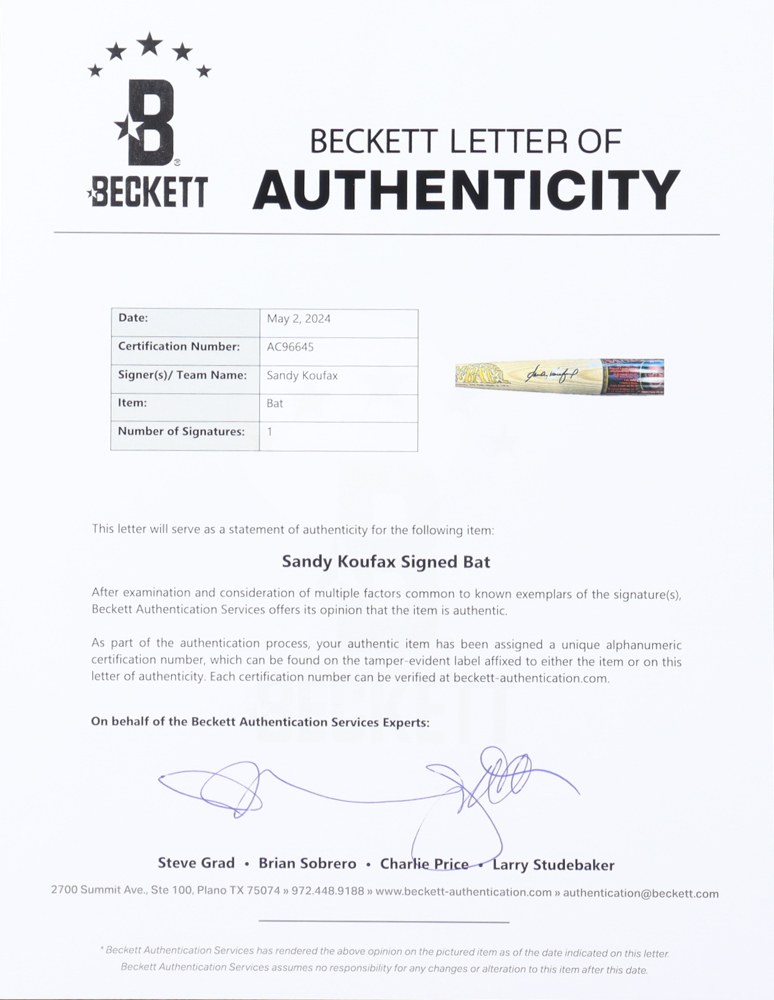 Sandy Koufax Signed Cooperstown Bat Co. Player Model Baseball Bat (Beckett) at PristineAuction.com Sandy Koufax Signed Cooperstown Bat Co. Player Model Baseball Bat (Beckett) at PristineAuction.com