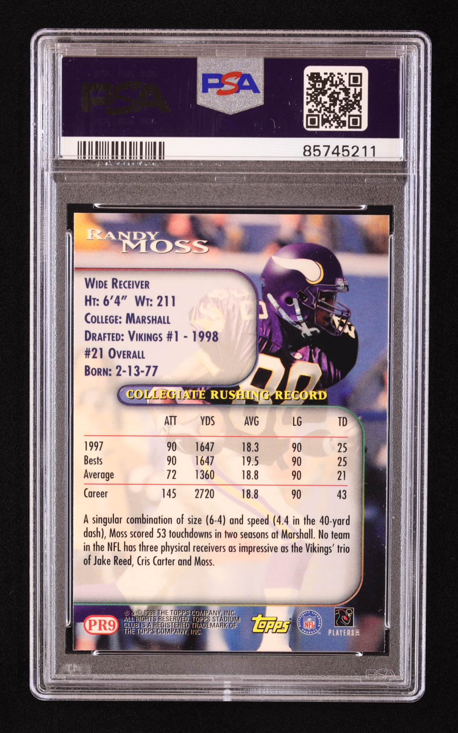 Randy Moss 1998 Stadium Club Prime Rookies #PR9 RC (PSA 9) at PristineAuction.com Randy Moss 1998 Stadium Club Prime Rookies #PR9 RC (PSA 9) at PristineAuction.com