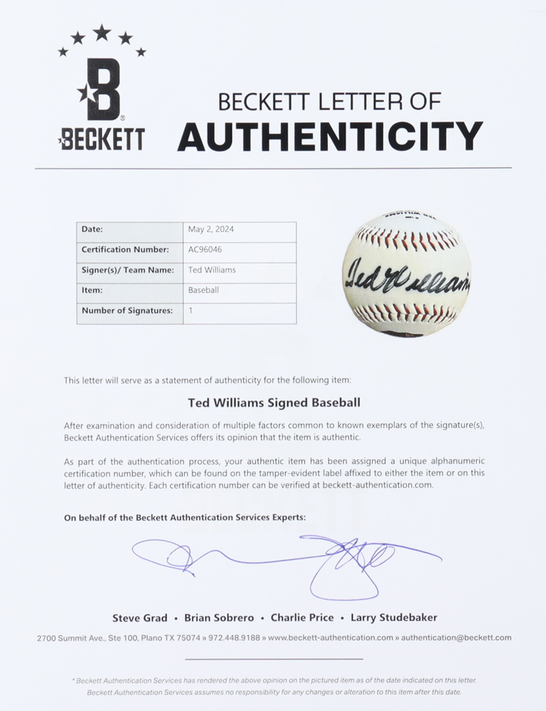 Ted Williams Signed LE Red Sox Commemorative Baseball (Beckett) at PristineAuction.com Ted Williams Signed LE Red Sox Commemorative Baseball (Beckett) at PristineAuction.com