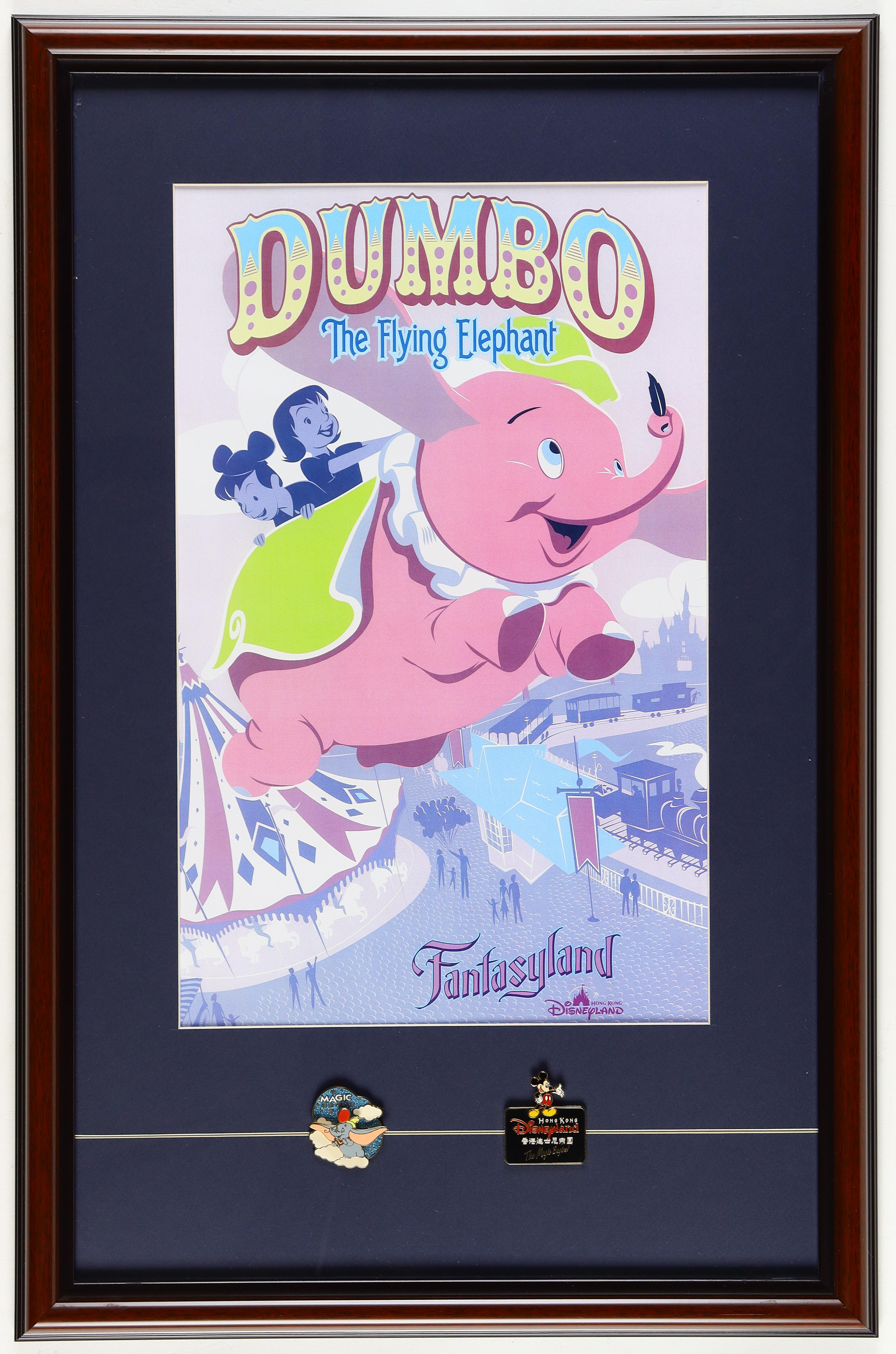 Disneyland Hong Kong "Dumbo" Custom Framed Poster Print With Dumbo Ride & Hong Kong Park Pins at PristineAuction.com Disneyland Hong Kong "Dumbo" Custom Framed Poster Print With Dumbo Ride & Hong Kong Park Pins at PristineAuction.com