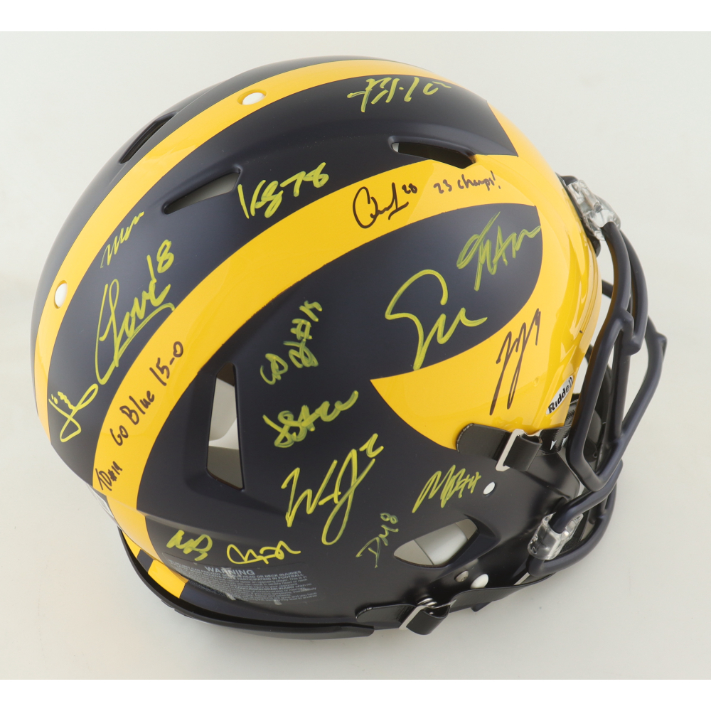 2023 Michigan Wolverines Full-Size Authentic On-Field Speed Helmet Team-Signed by (17) with J.J. McCarthy, Blake Corum, Roman Wilson, Colston Loveland Inscribed "Go Blue 15-0" & "23 Champs!" (Beckett) at PristineAuction.com