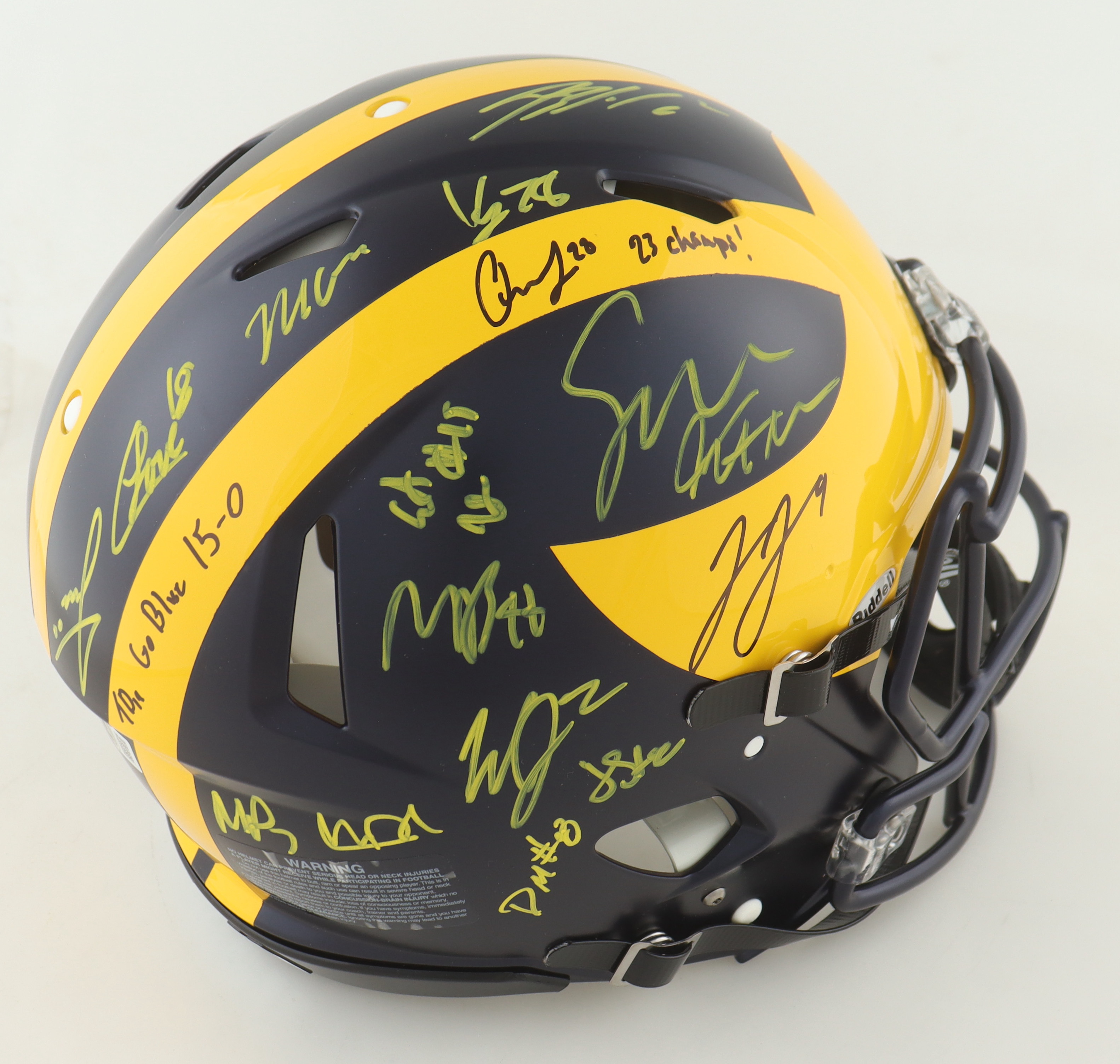 2023 Michigan Wolverines Full-Size Authentic On-Field Speed Helmet Team-Signed by (17) with J.J. McCarthy, Blake Corum, Roman Wilson, Colston Loveland Inscribed "Go Blue 15-0" & "23 Champs!" (Beckett) at PristineAuction.com 2023 Michigan Wolverines Full-Size Authentic On-Field Speed Helmet Team-Signed by (17) with J.J. McCarthy, Blake Corum, Roman Wilson, Colston Loveland Inscribed "Go Blue 15-0" & "23 Champs!" (Beckett) at PristineAuction.com