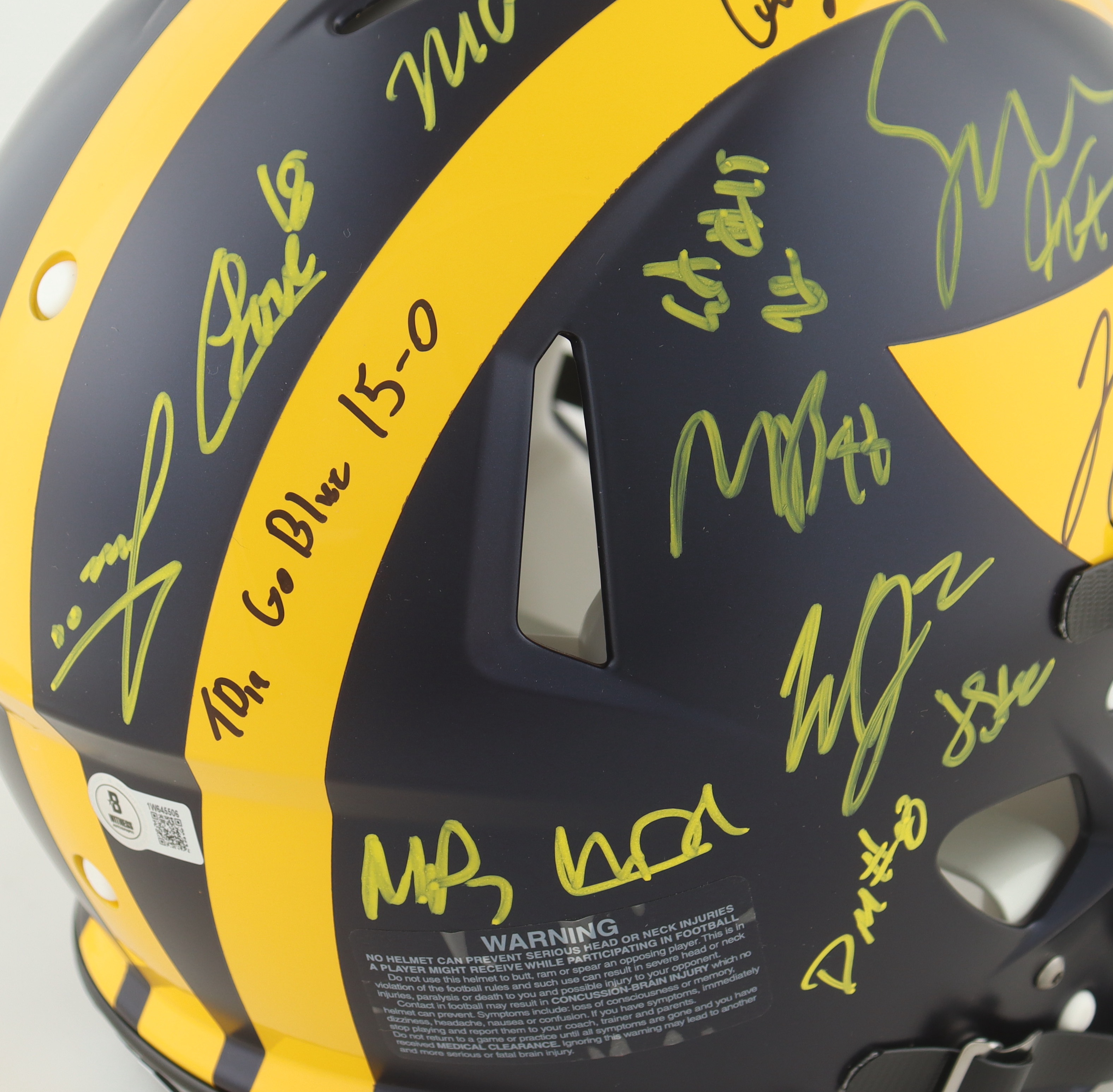 2023 Michigan Wolverines Full-Size Authentic On-Field Speed Helmet Team-Signed by (17) with J.J. McCarthy, Blake Corum, Roman Wilson, Colston Loveland Inscribed "Go Blue 15-0" & "23 Champs!" (Beckett) at PristineAuction.com 2023 Michigan Wolverines Full-Size Authentic On-Field Speed Helmet Team-Signed by (17) with J.J. McCarthy, Blake Corum, Roman Wilson, Colston Loveland Inscribed "Go Blue 15-0" & "23 Champs!" (Beckett) at PristineAuction.com