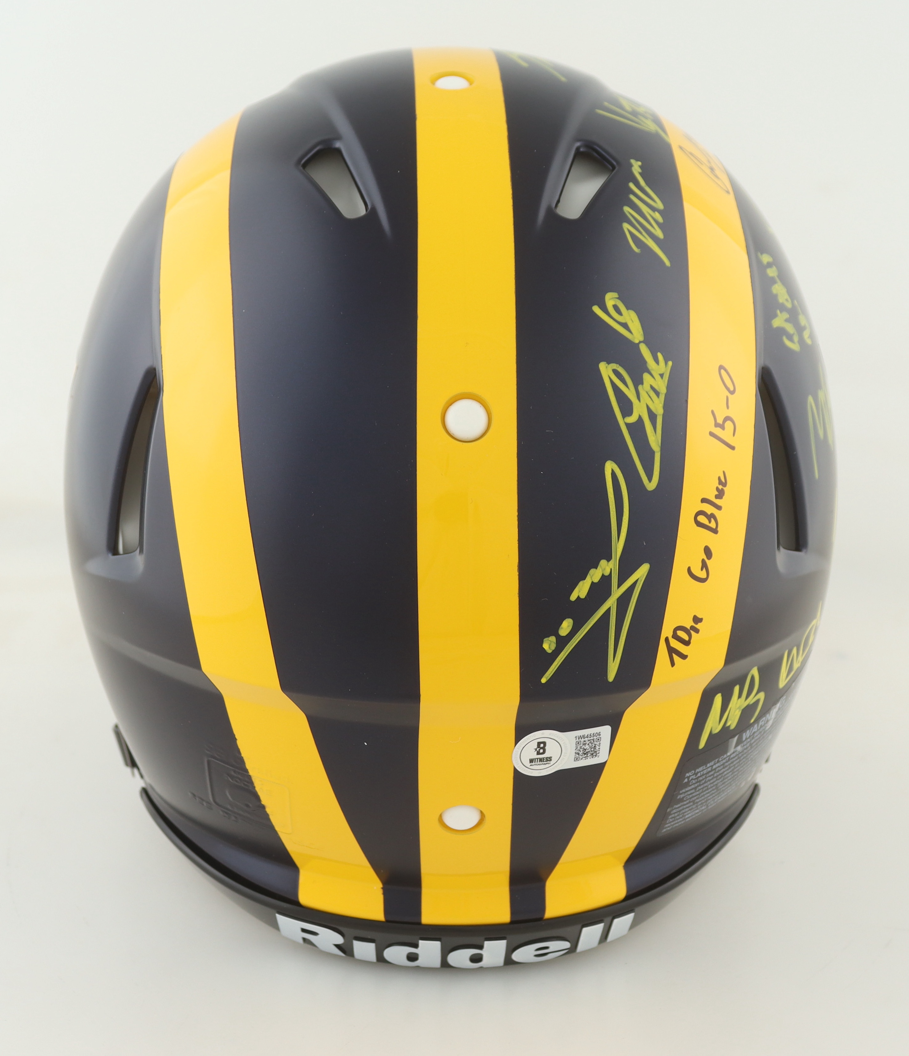 2023 Michigan Wolverines Full-Size Authentic On-Field Speed Helmet Team-Signed by (17) with J.J. McCarthy, Blake Corum, Roman Wilson, Colston Loveland Inscribed "Go Blue 15-0" & "23 Champs!" (Beckett) at PristineAuction.com 2023 Michigan Wolverines Full-Size Authentic On-Field Speed Helmet Team-Signed by (17) with J.J. McCarthy, Blake Corum, Roman Wilson, Colston Loveland Inscribed "Go Blue 15-0" & "23 Champs!" (Beckett) at PristineAuction.com