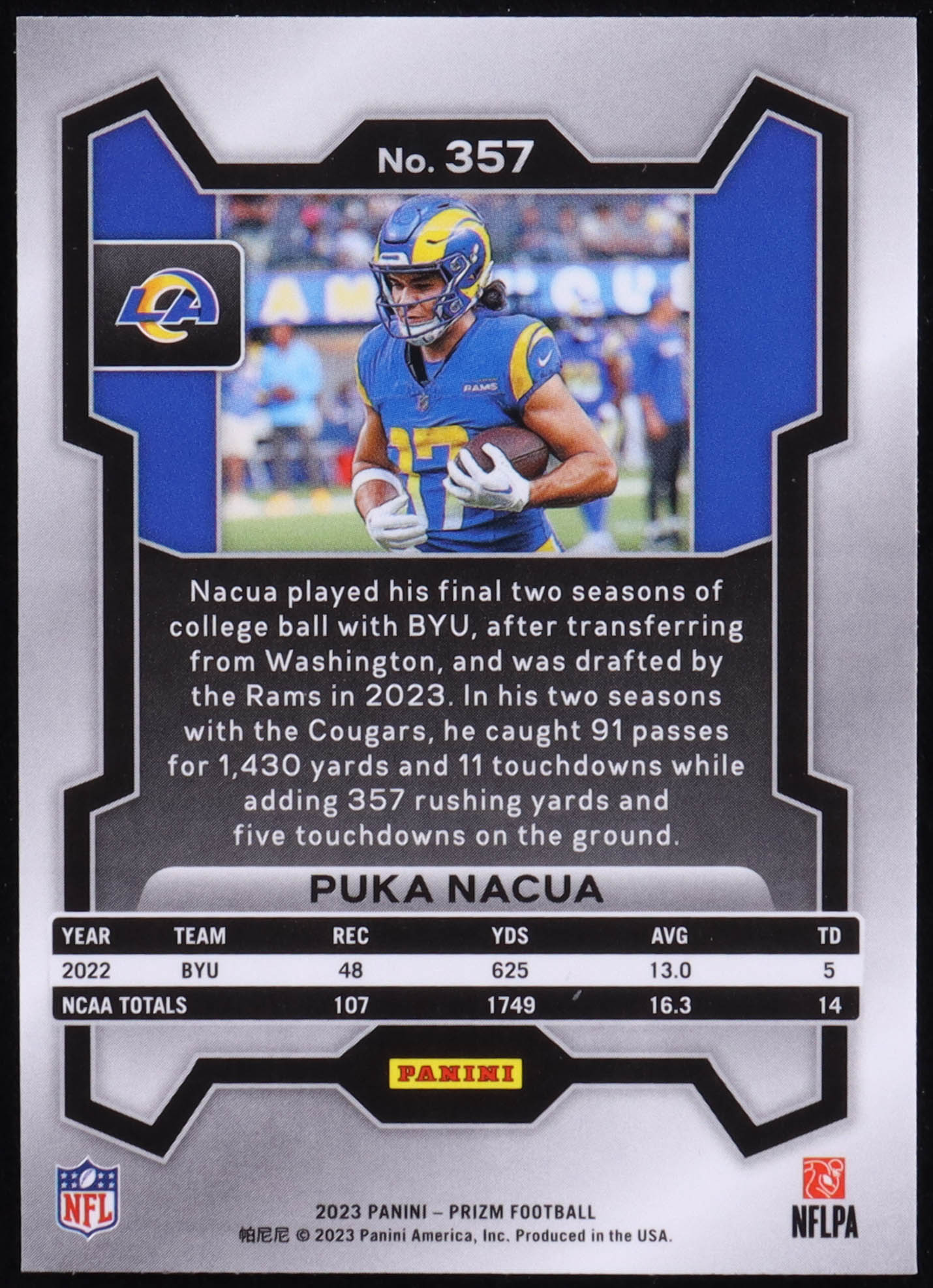Puka Nacua 2023 Panini Prizm #357 RC at PristineAuction.com Puka Nacua 2023 Panini Prizm #357 RC at PristineAuction.com