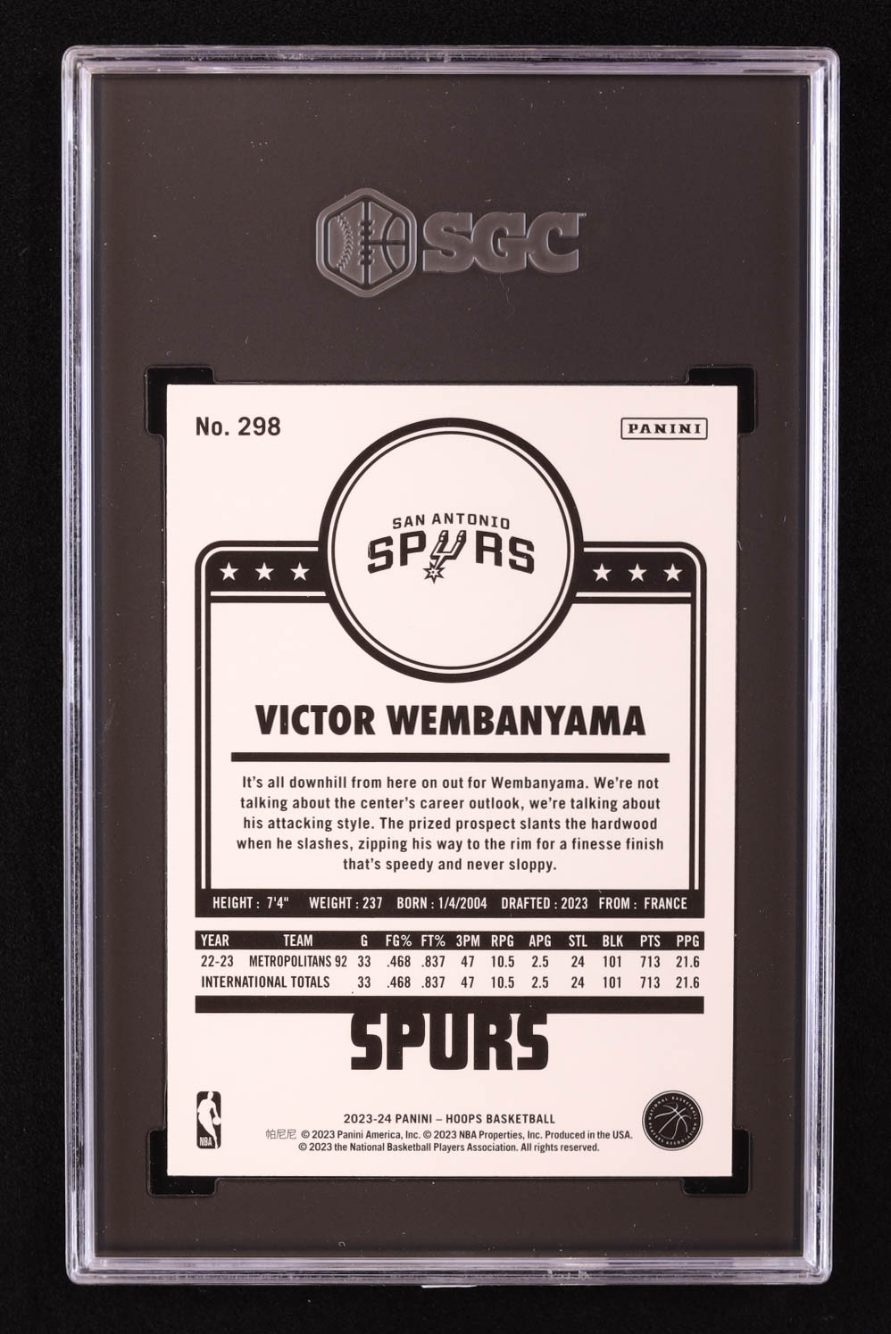Victor Wembanyama 2023-24 Hoops #298 RC (SGC 9.5) at PristineAuction.com Victor Wembanyama 2023-24 Hoops #298 RC (SGC 9.5) at PristineAuction.com