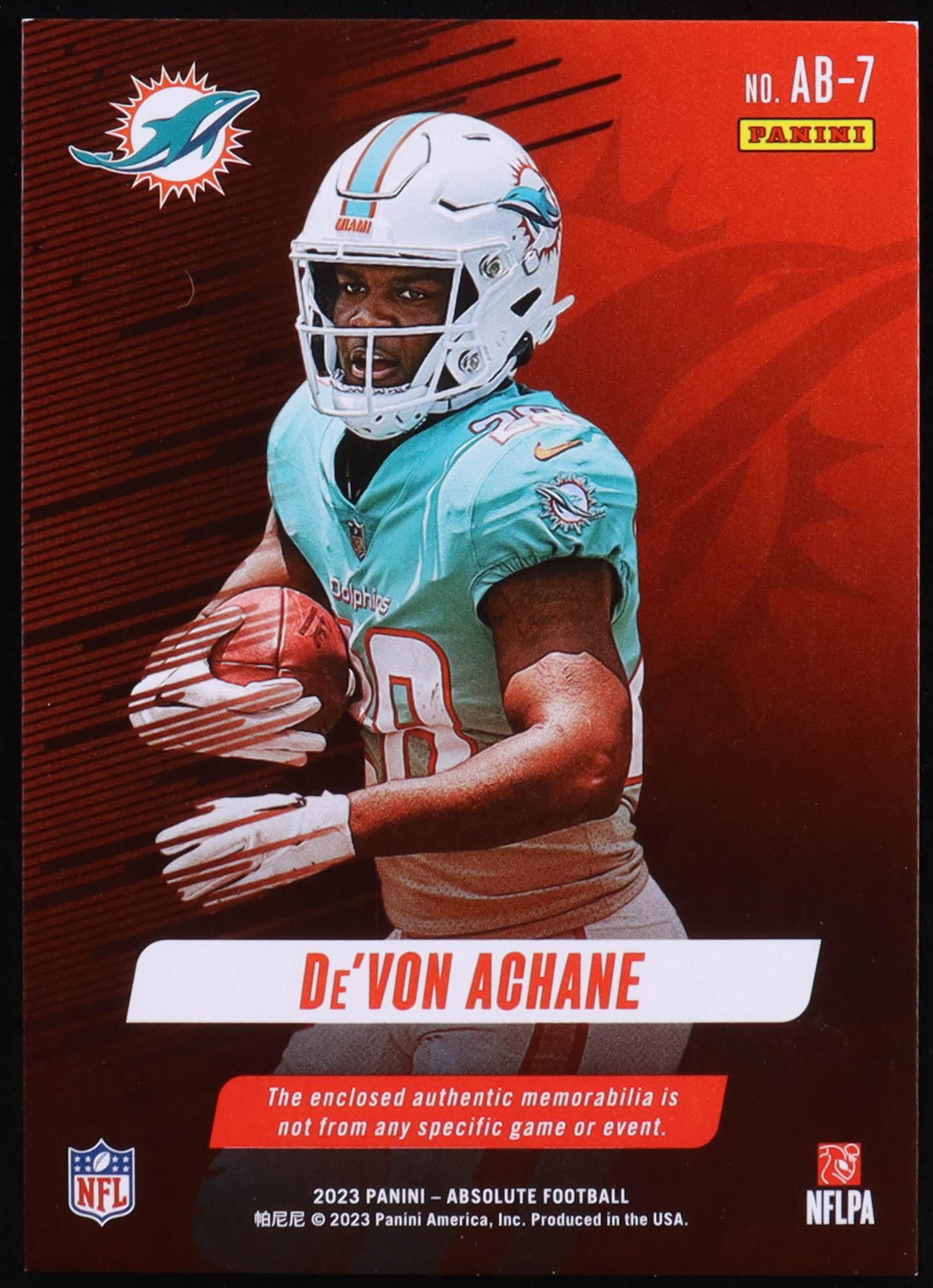 De'Von Achane 2023 Absolute Absolute Burners Jerseys #7 RC at PristineAuction.com De'Von Achane 2023 Absolute Absolute Burners Jerseys #7 RC at PristineAuction.com