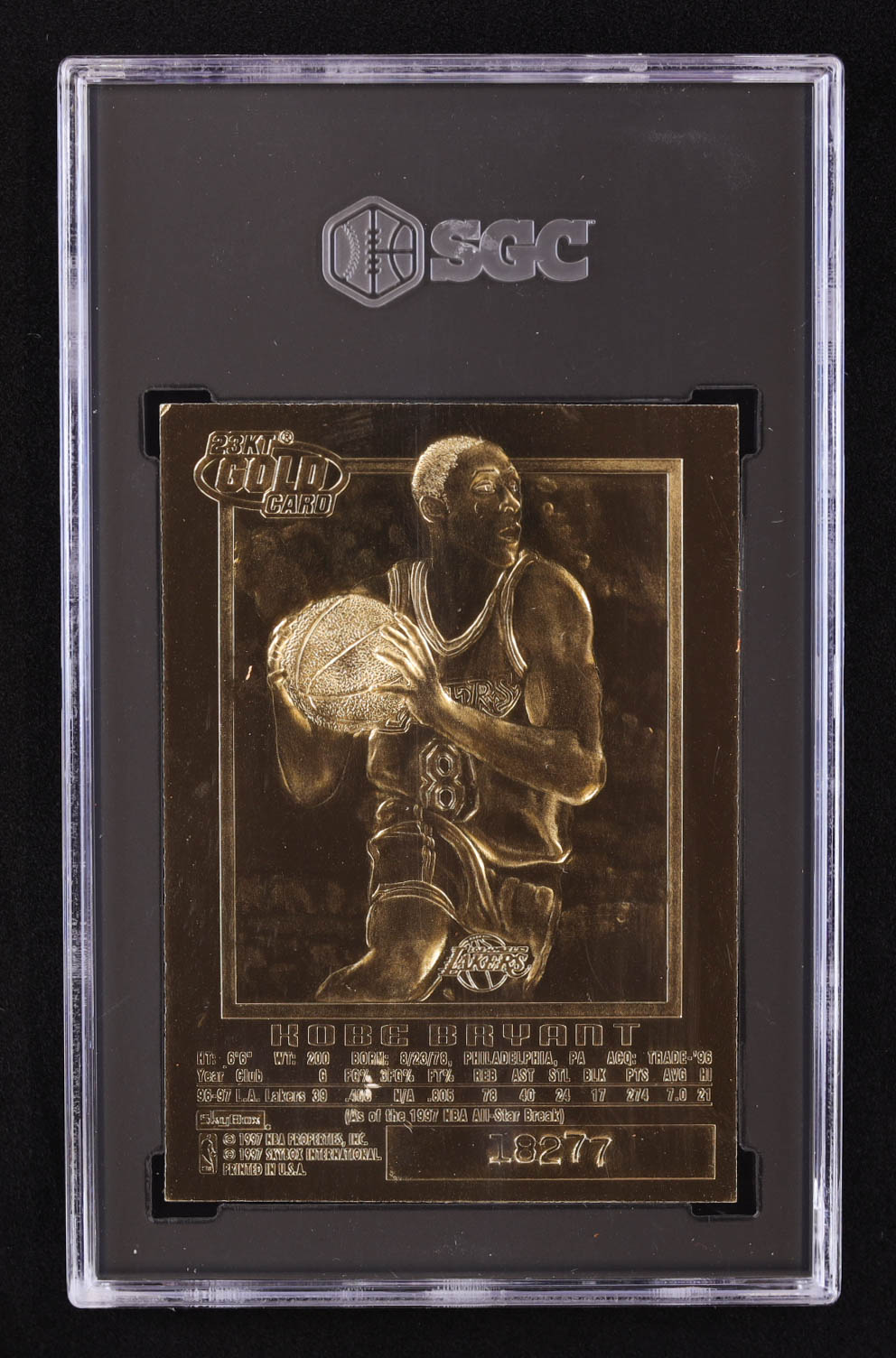 Kobe Bryant 1996-97 Skybox EX-2000 Feel the Game 23Kt Gold RC (SGC 9) at PristineAuction.com Kobe Bryant 1996-97 Skybox EX-2000 Feel the Game 23Kt Gold RC (SGC 9) at PristineAuction.com
