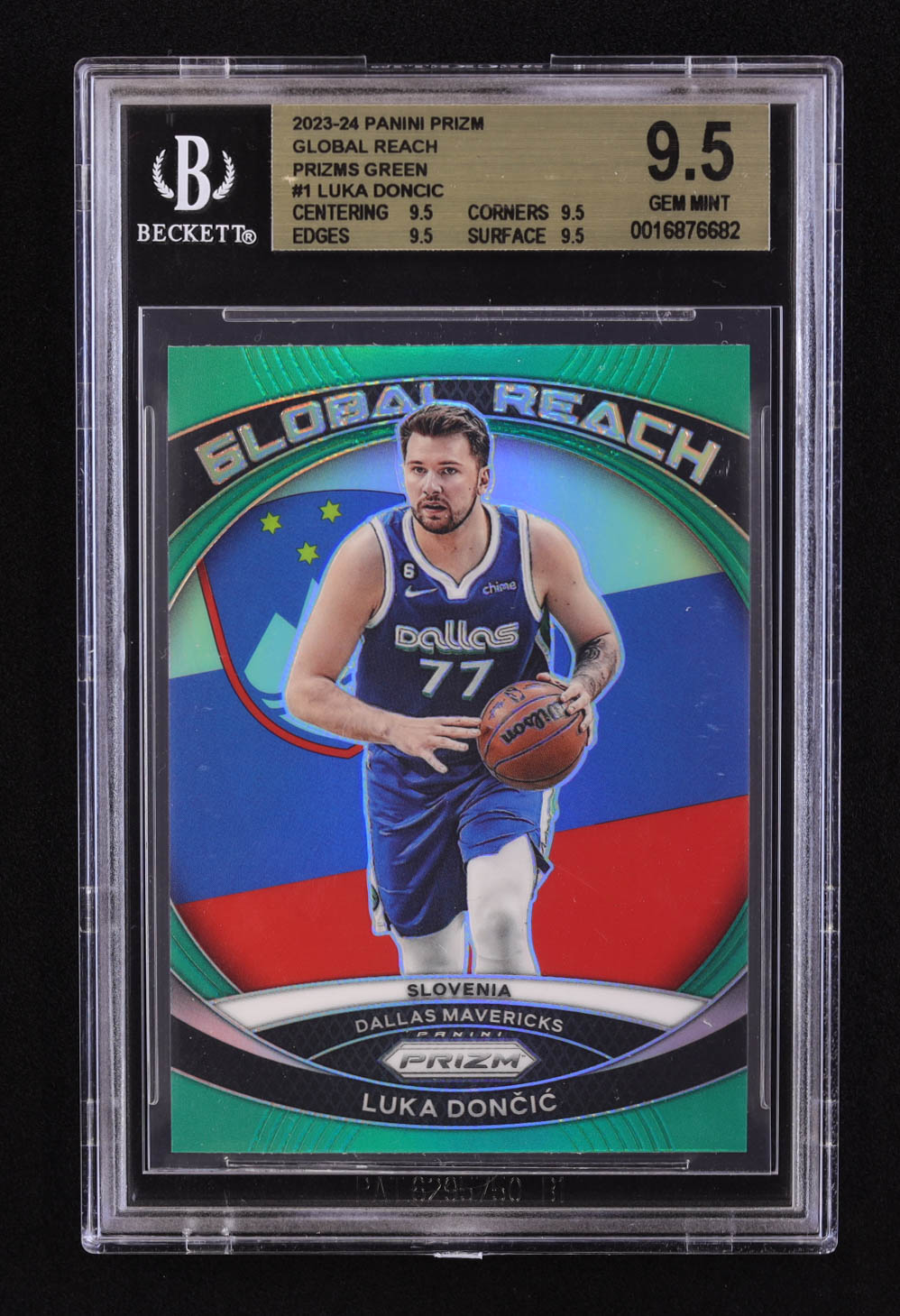 Luka Doncic 2023-24 Panini Prizm Global Reach Prizms Green #1 (BGS 9.5) at PristineAuction.com Luka Doncic 2023-24 Panini Prizm Global Reach Prizms Green #1 (BGS 9.5) at PristineAuction.com