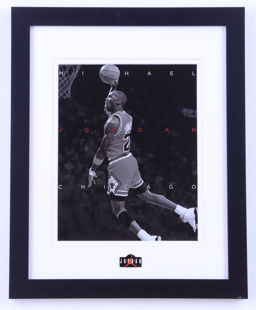Michael Jordan Bulls Custom Framed Photo Display With Vintage Air Jordan Pin at PristineAuction.com Michael Jordan Bulls Custom Framed Photo Display With Vintage Air Jordan Pin at PristineAuction.com