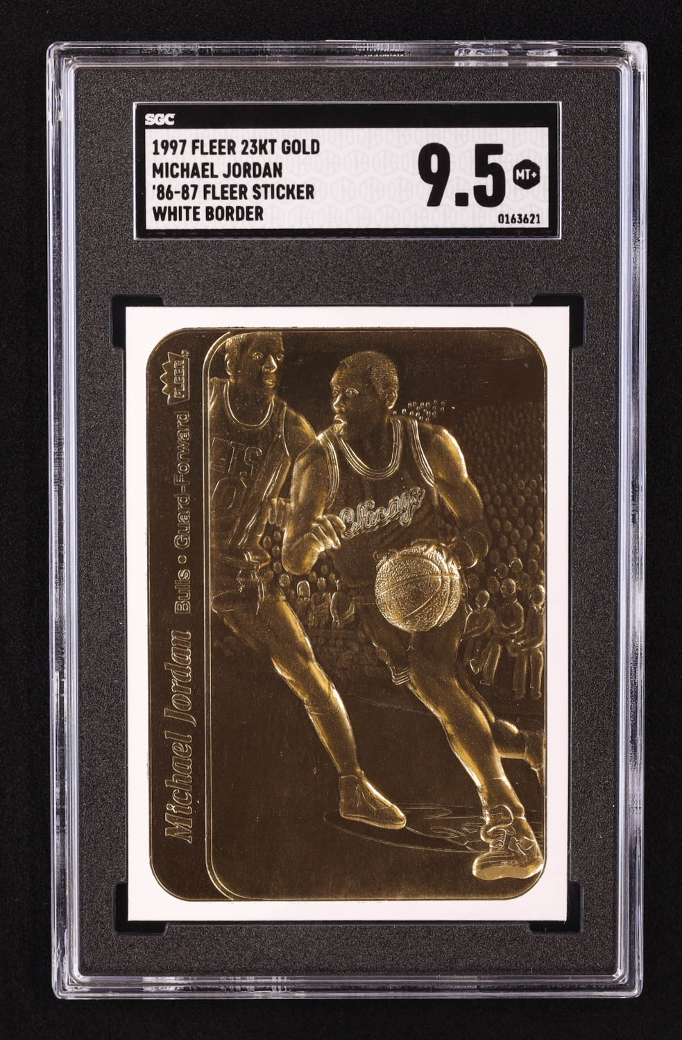 Michael Jordan 1997 Fleer 23KT Gold White Border / '86-87 Fleer Sticker (SGC 9.5) at PristineAuction.com Michael Jordan 1997 Fleer 23KT Gold White Border / '86-87 Fleer Sticker (SGC 9.5) at PristineAuction.com